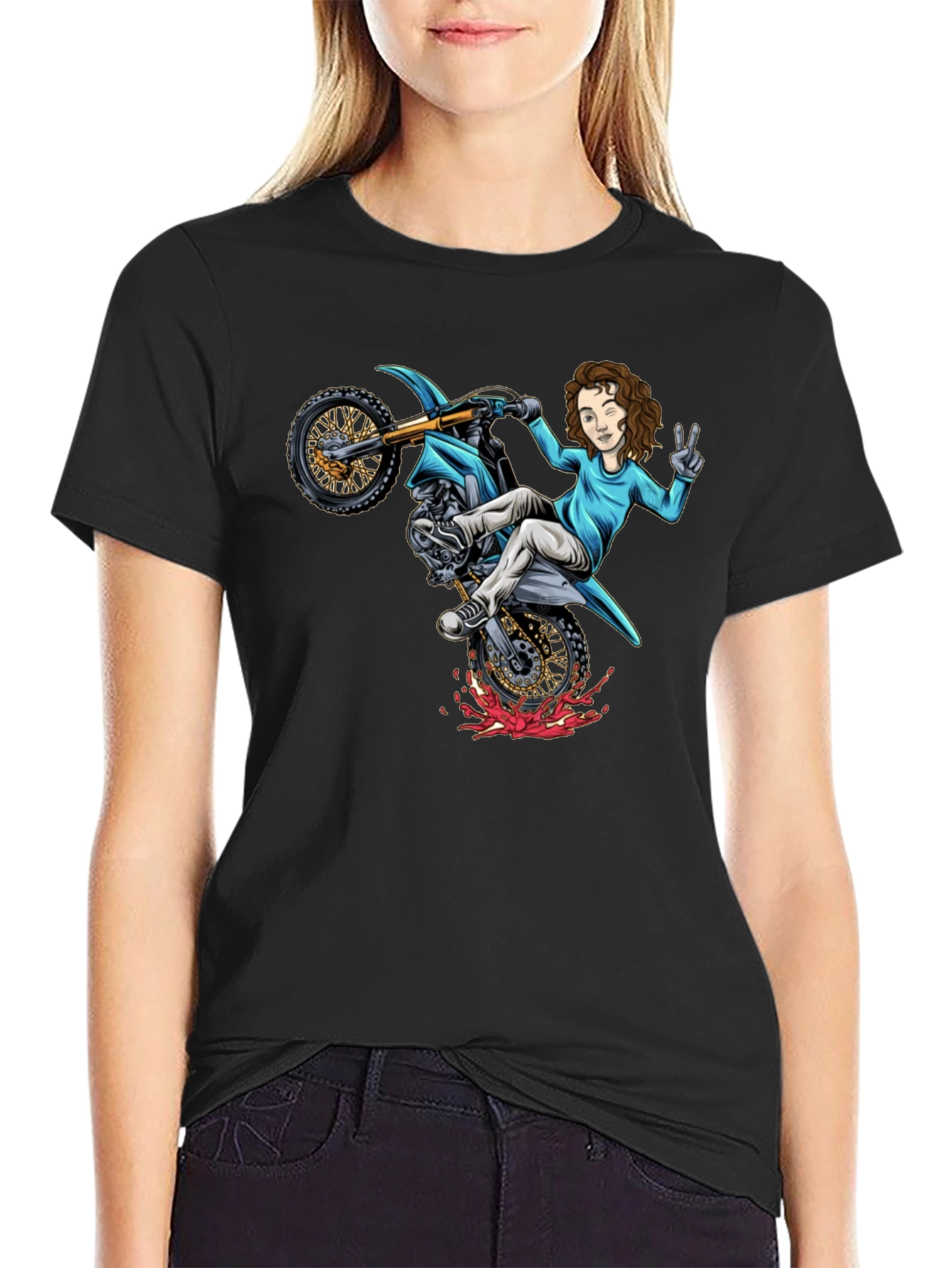Motorcycle Girl Graphic Tee - Black Cotton Shirt