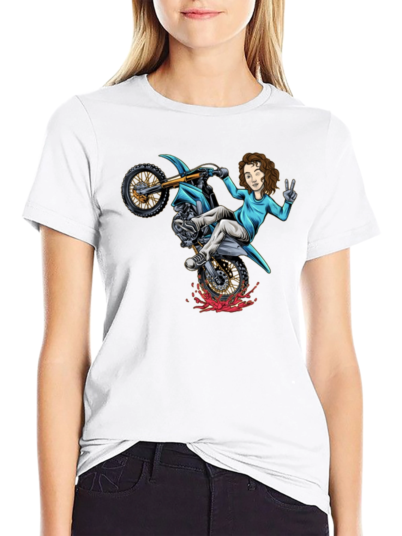 Motorcycle Girl Graphic Tee - Black Cotton Shirt