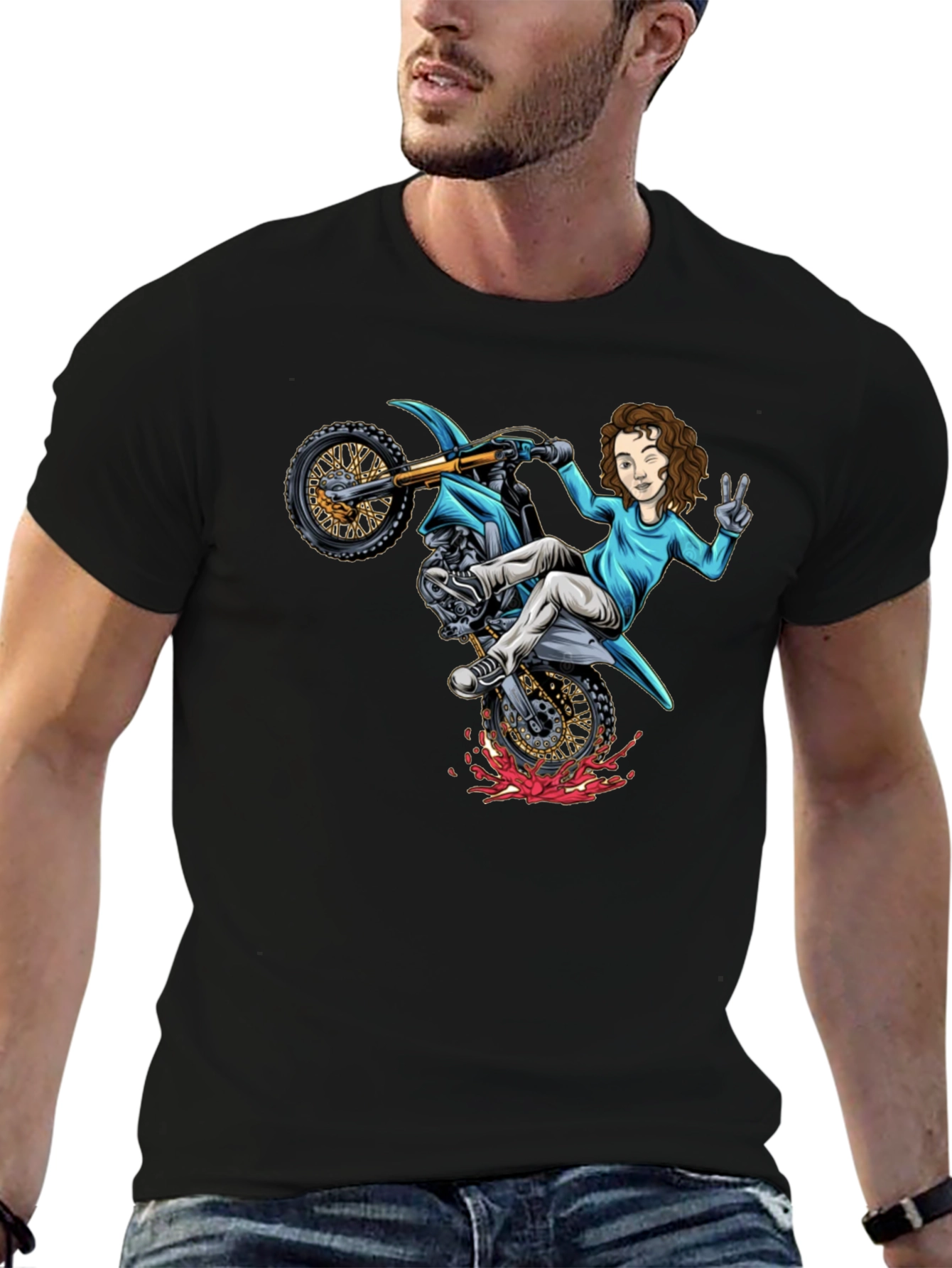 Motorcycle Girl Graphic Tee - Black Cotton Shirt