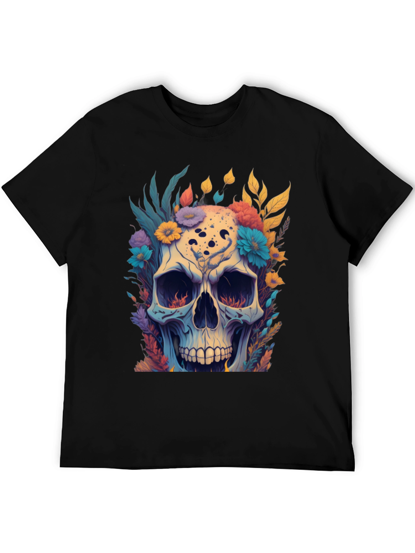 Floral Skull Graphic Tee - Black Cotton T-Shirt