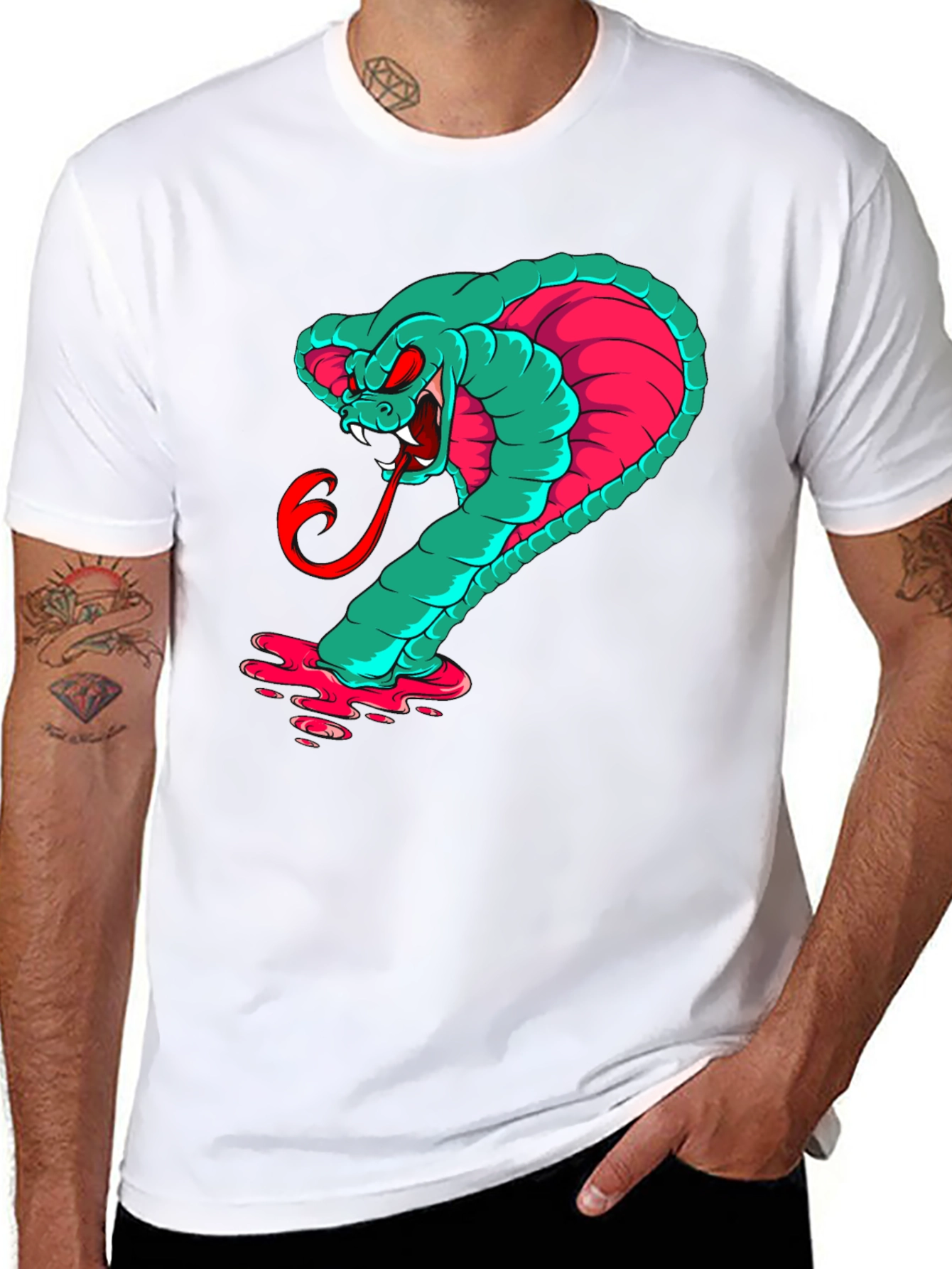 Mens Graphic Cobra T-Shirt - Teal & Pink Snake