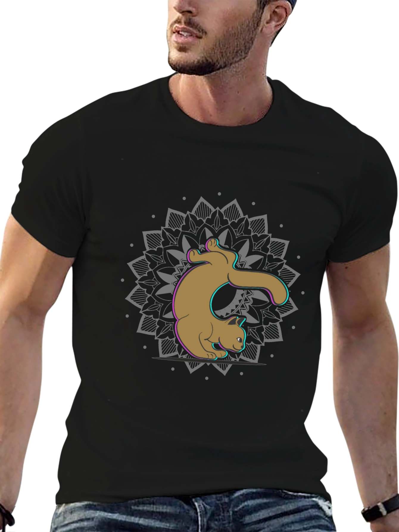 Cat Mandala Graphic Tee - Black