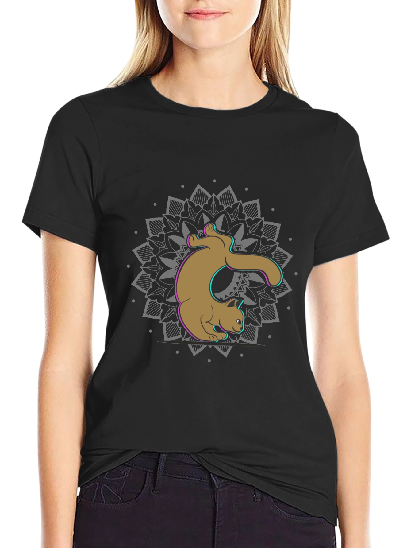 Cat Mandala Graphic Tee - Black