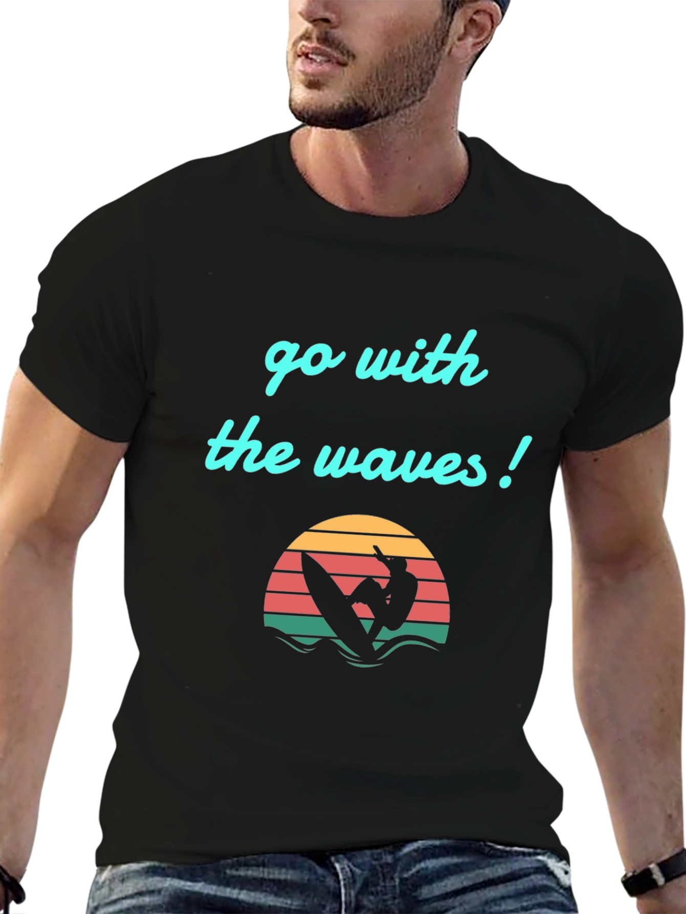 Go With The Waves Graphic Tee - Surfer Design