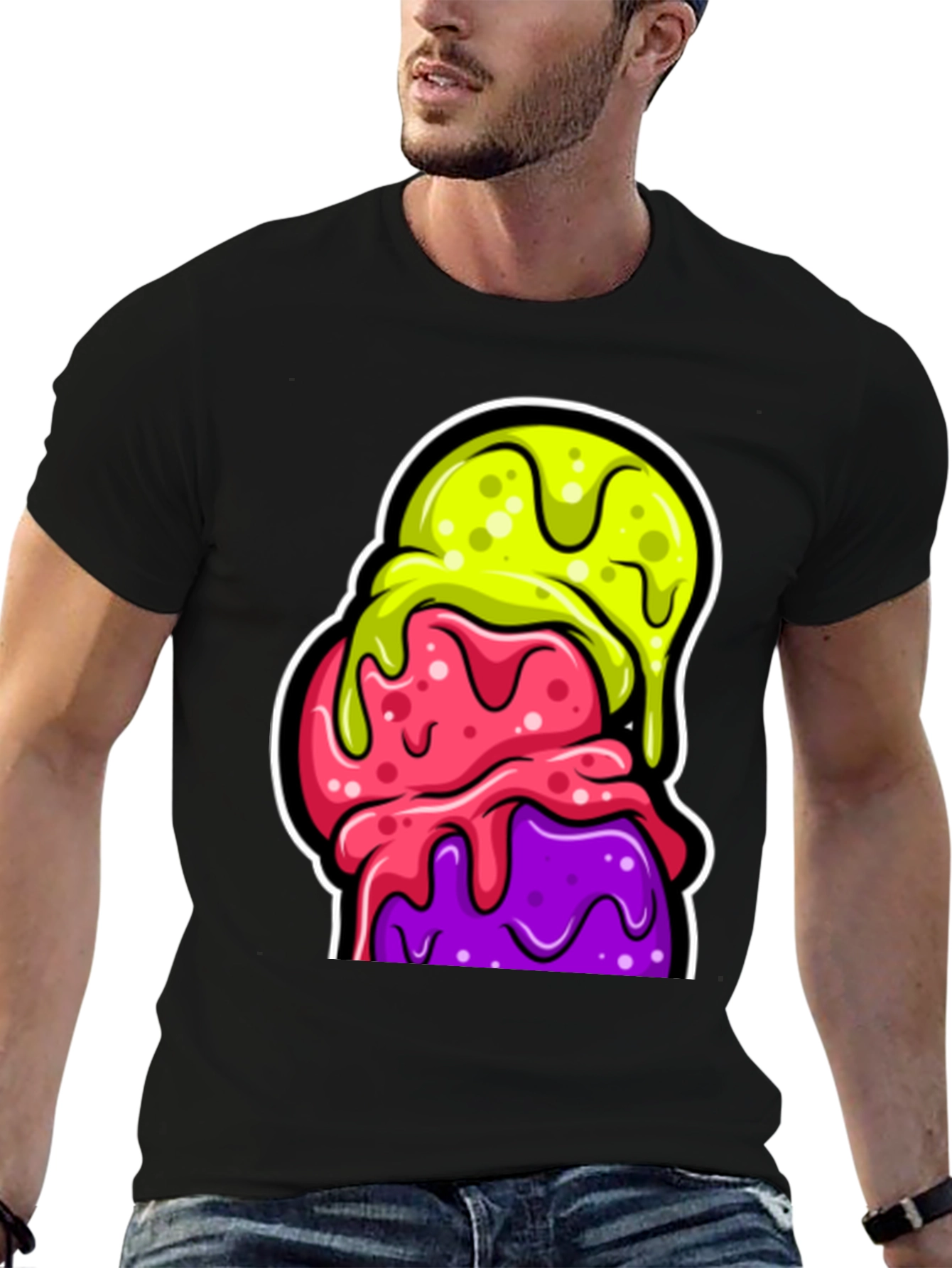 Funky Ice Cream Graphic Tee - Black Cotton T-Shirt