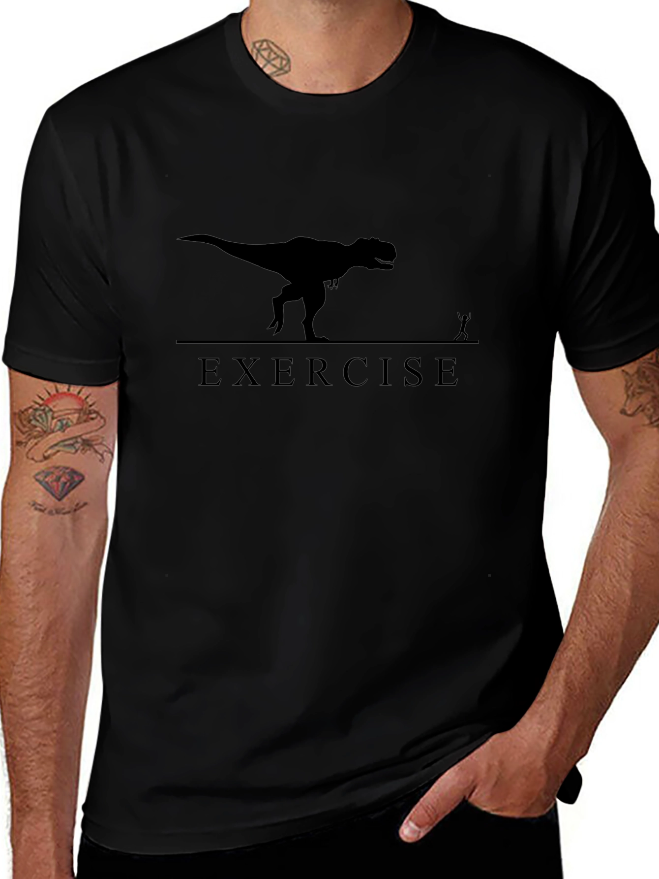 Dino Exercise Black T-Shirt - Humorous & Stylish