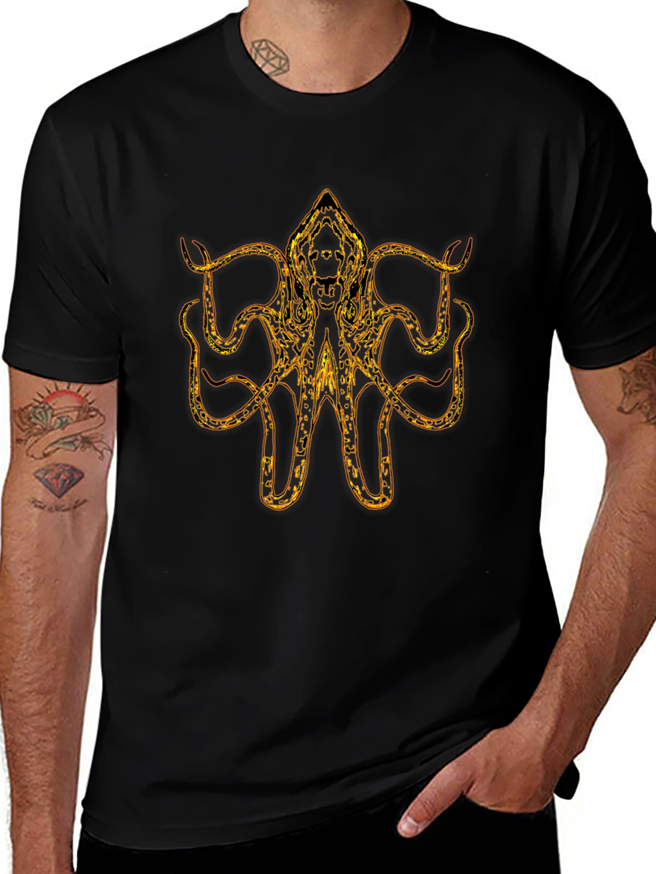 Golden Octopus Kraken Graphic Print Black T-Shirt