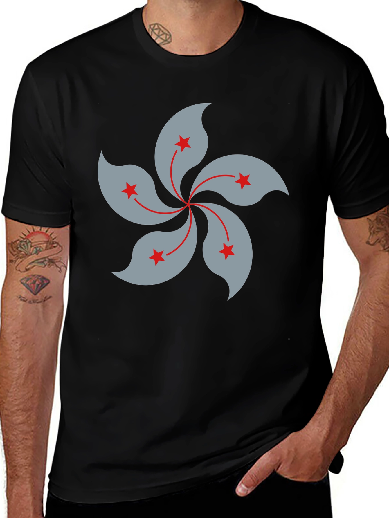 Hong Kong Flower Graphic Black T-Shirt