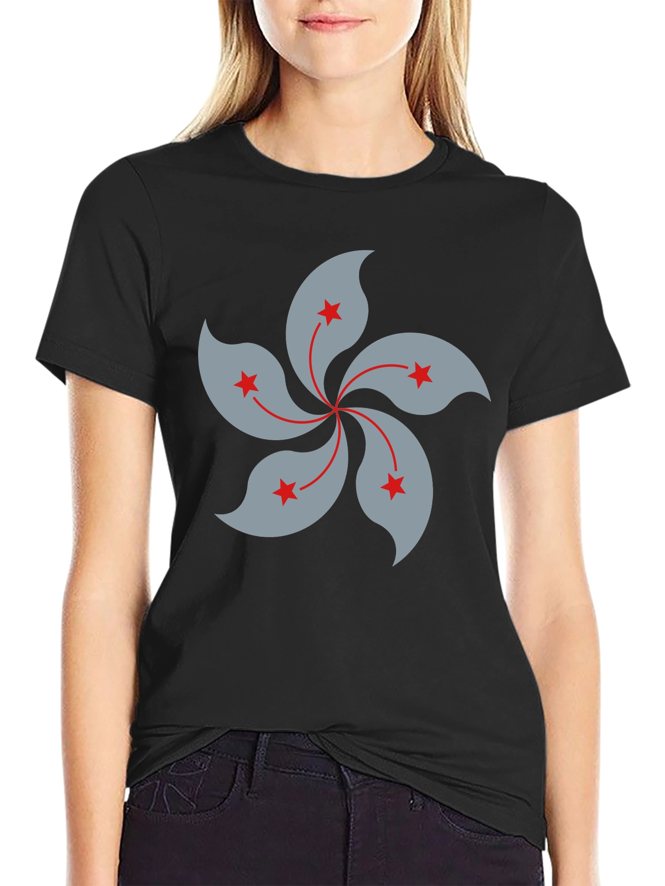 Hong Kong Flower Graphic Black T-Shirt