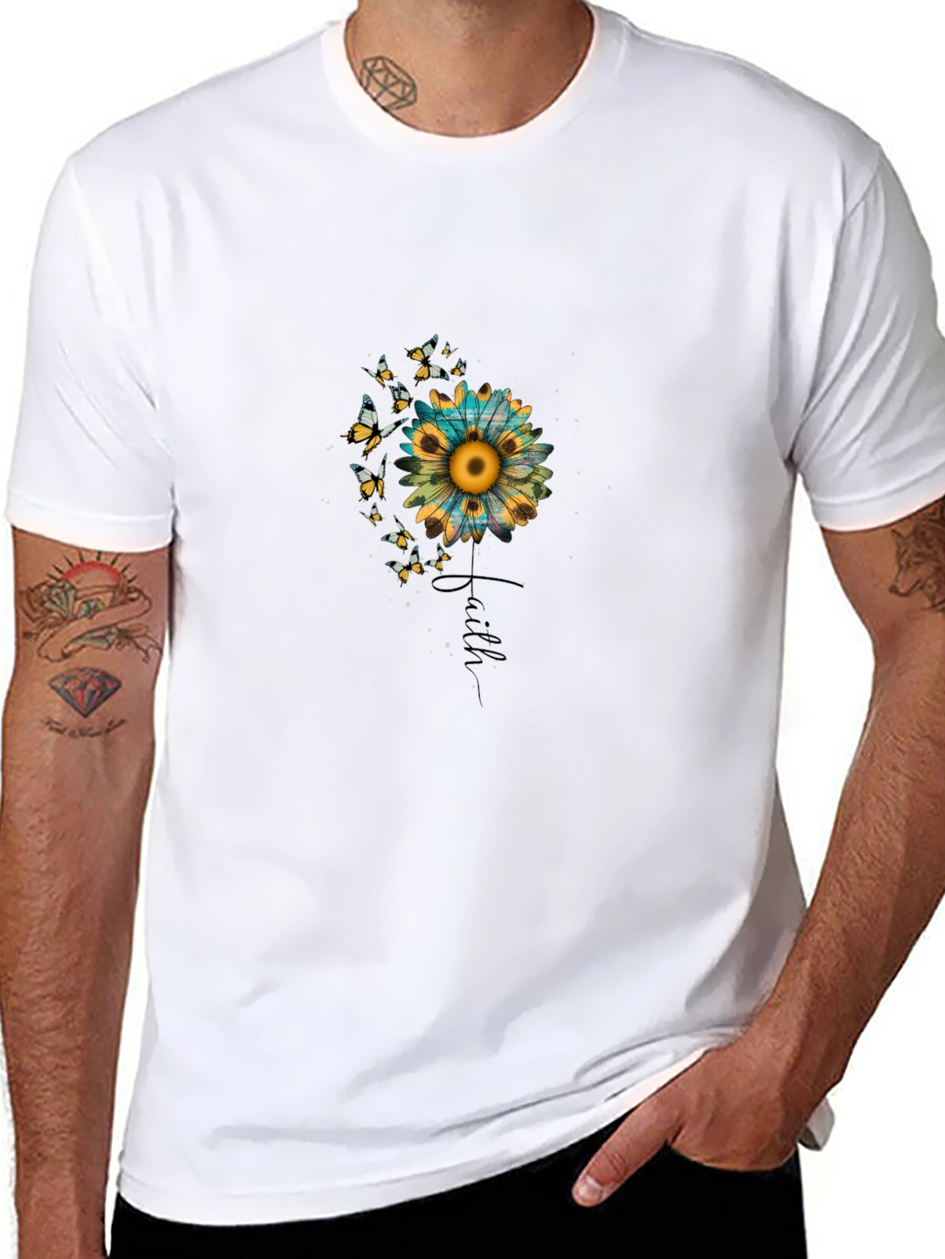 Faith Sunflower Butterfly Graphic Black T-Shirt