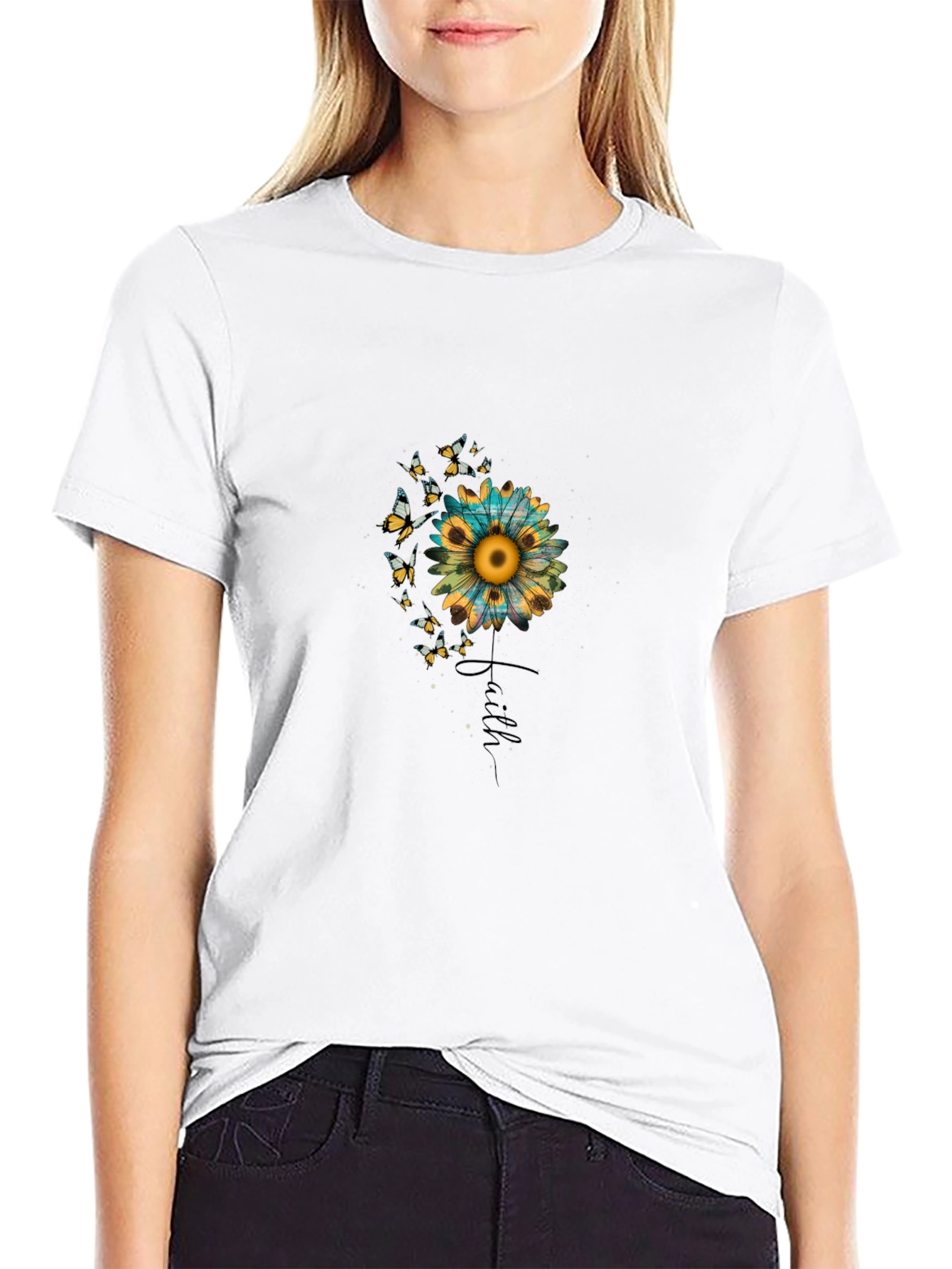 Faith Sunflower Butterfly Graphic Black T-Shirt