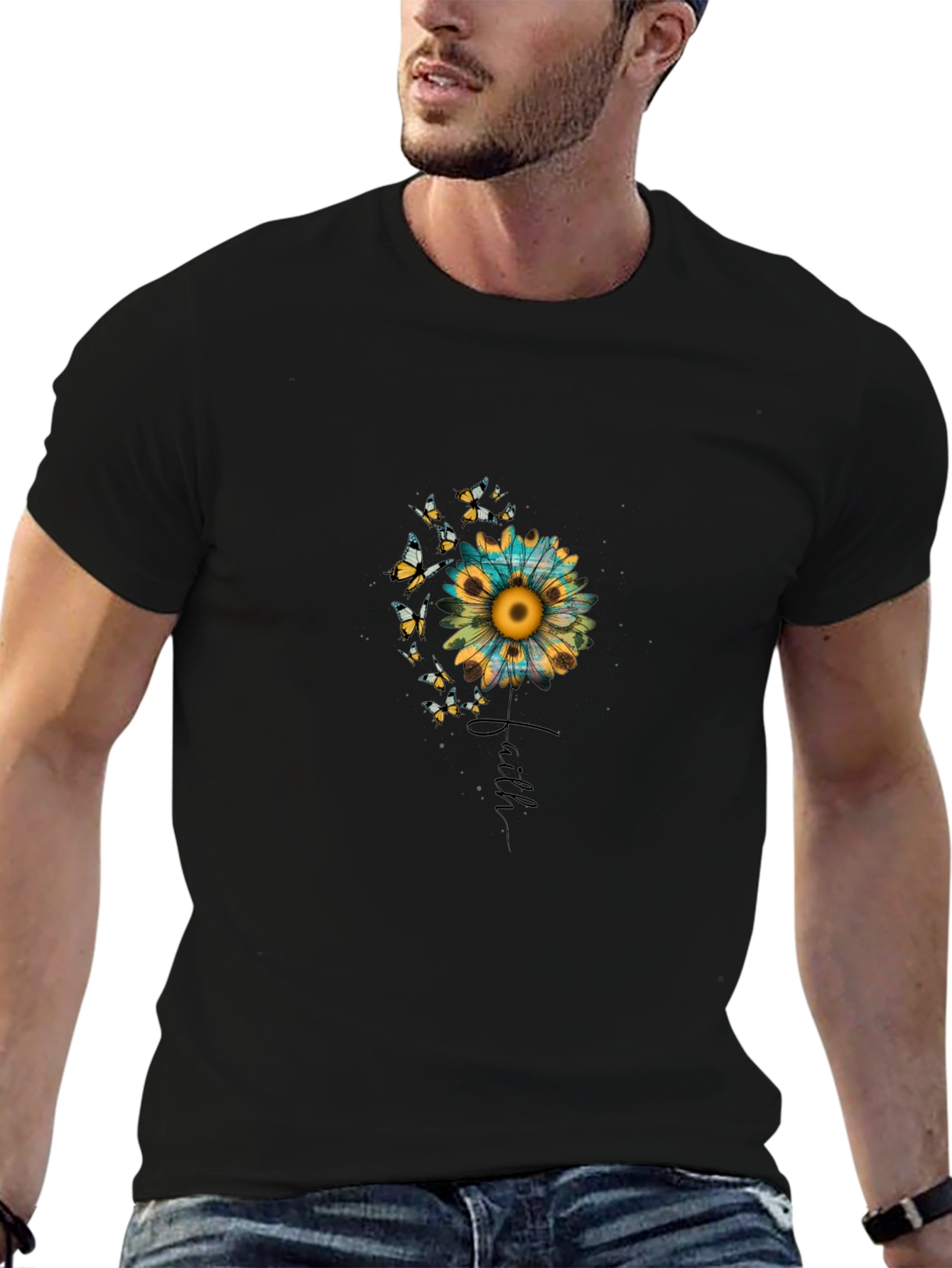 Faith Sunflower Butterfly Graphic Black T-Shirt
