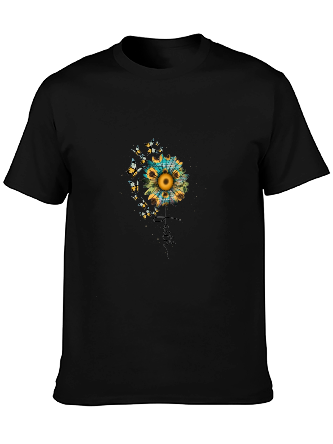 Faith Sunflower Butterfly Graphic Black T-Shirt
