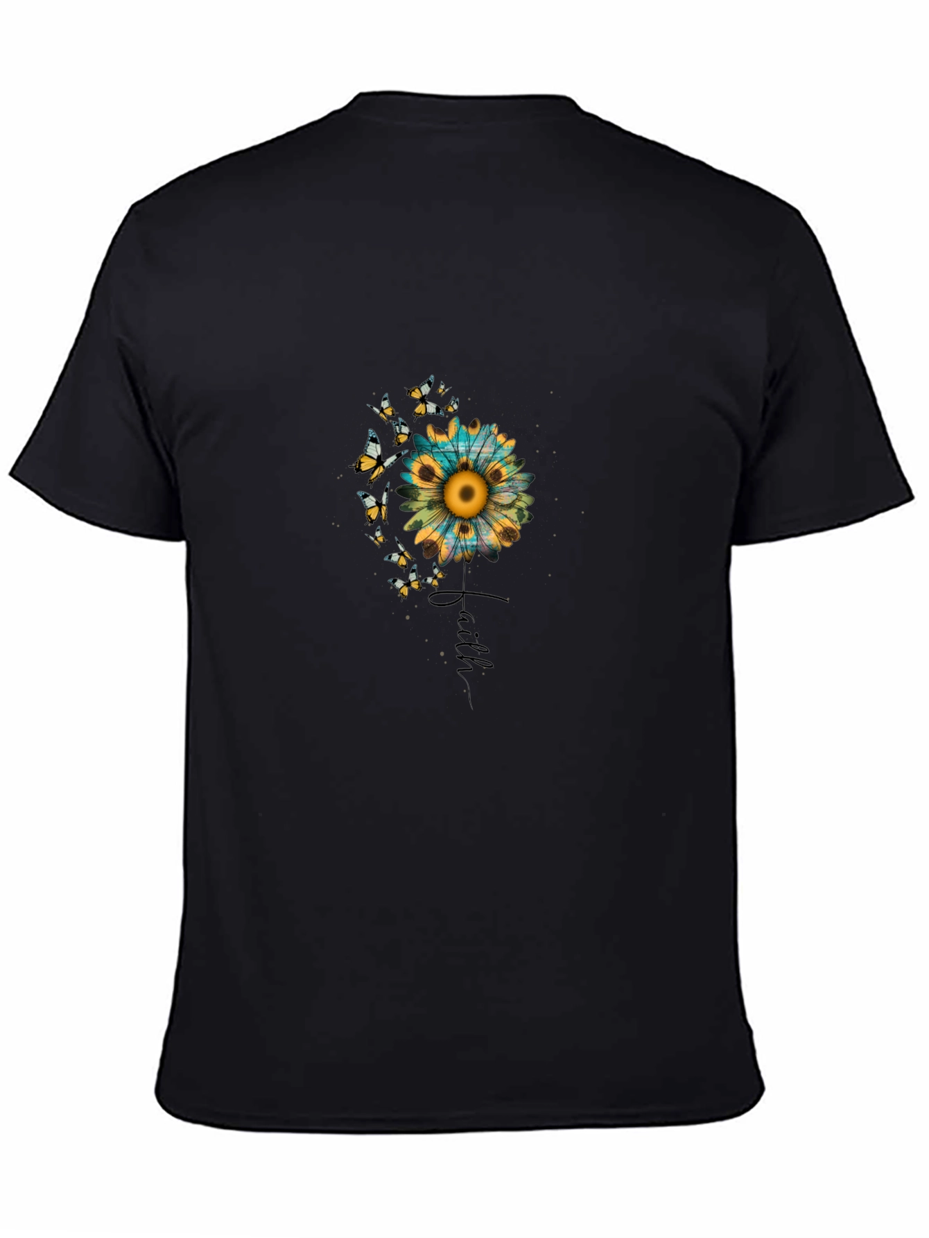 Faith Sunflower Butterfly Graphic Black T-Shirt