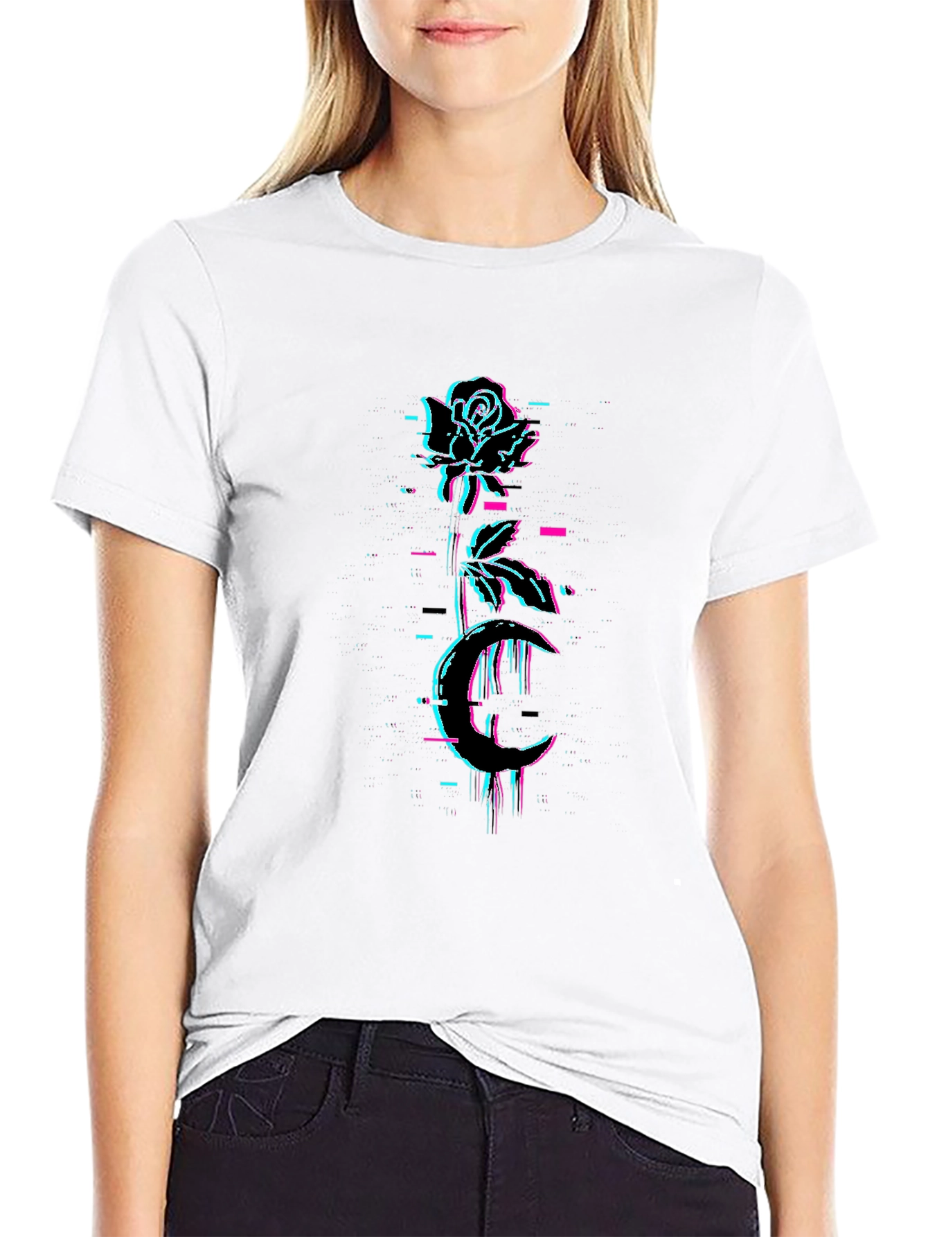 Rose & Moon Glitch Graphic Black Tee