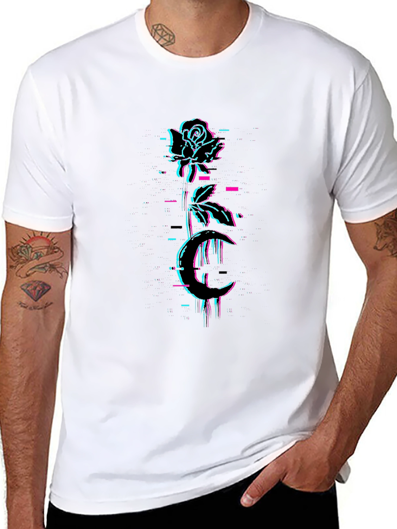 Rose & Moon Glitch Graphic Black Tee