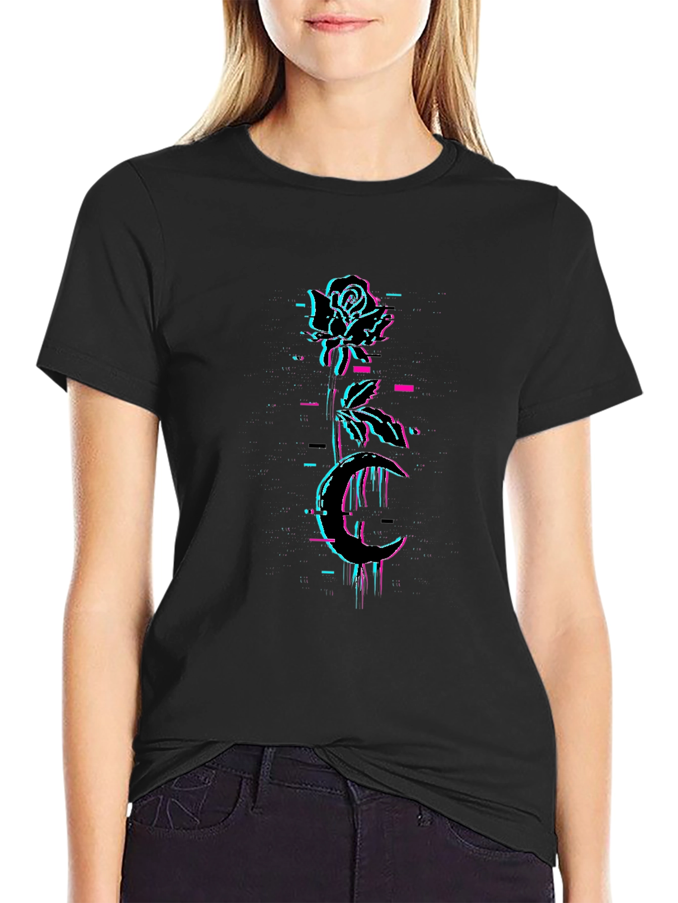 Rose & Moon Glitch Graphic Black Tee