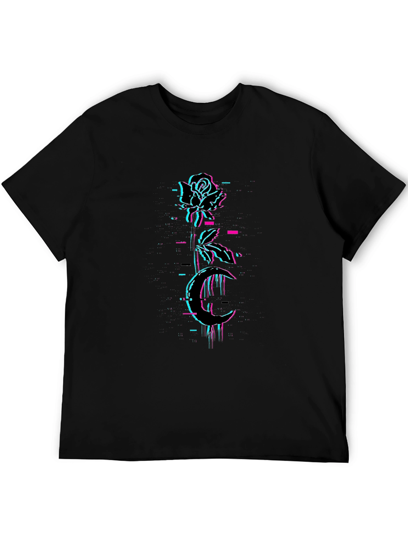 Rose & Moon Glitch Graphic Black Tee