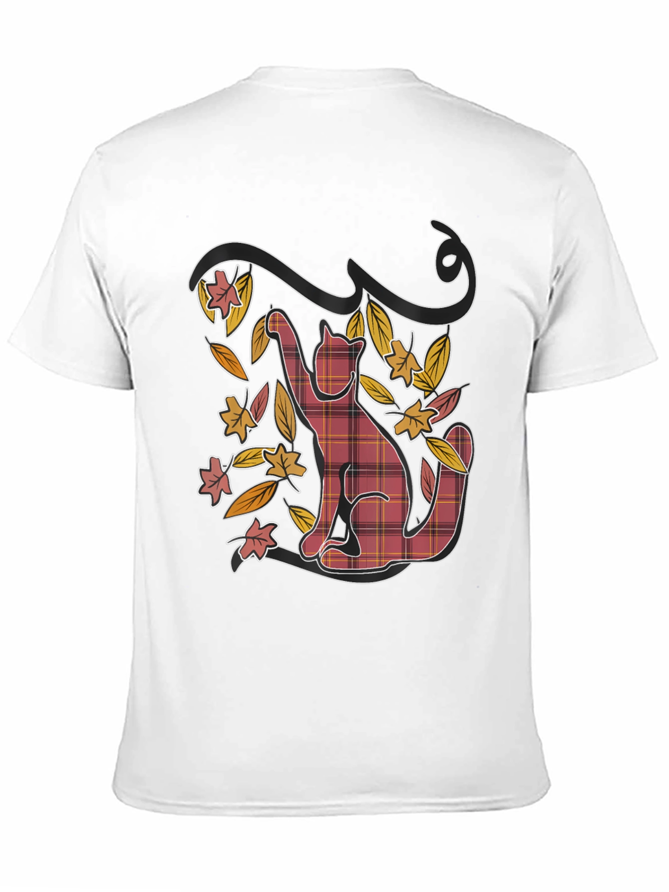 Plaid Cat Fall Leaves Black Graphic Tee