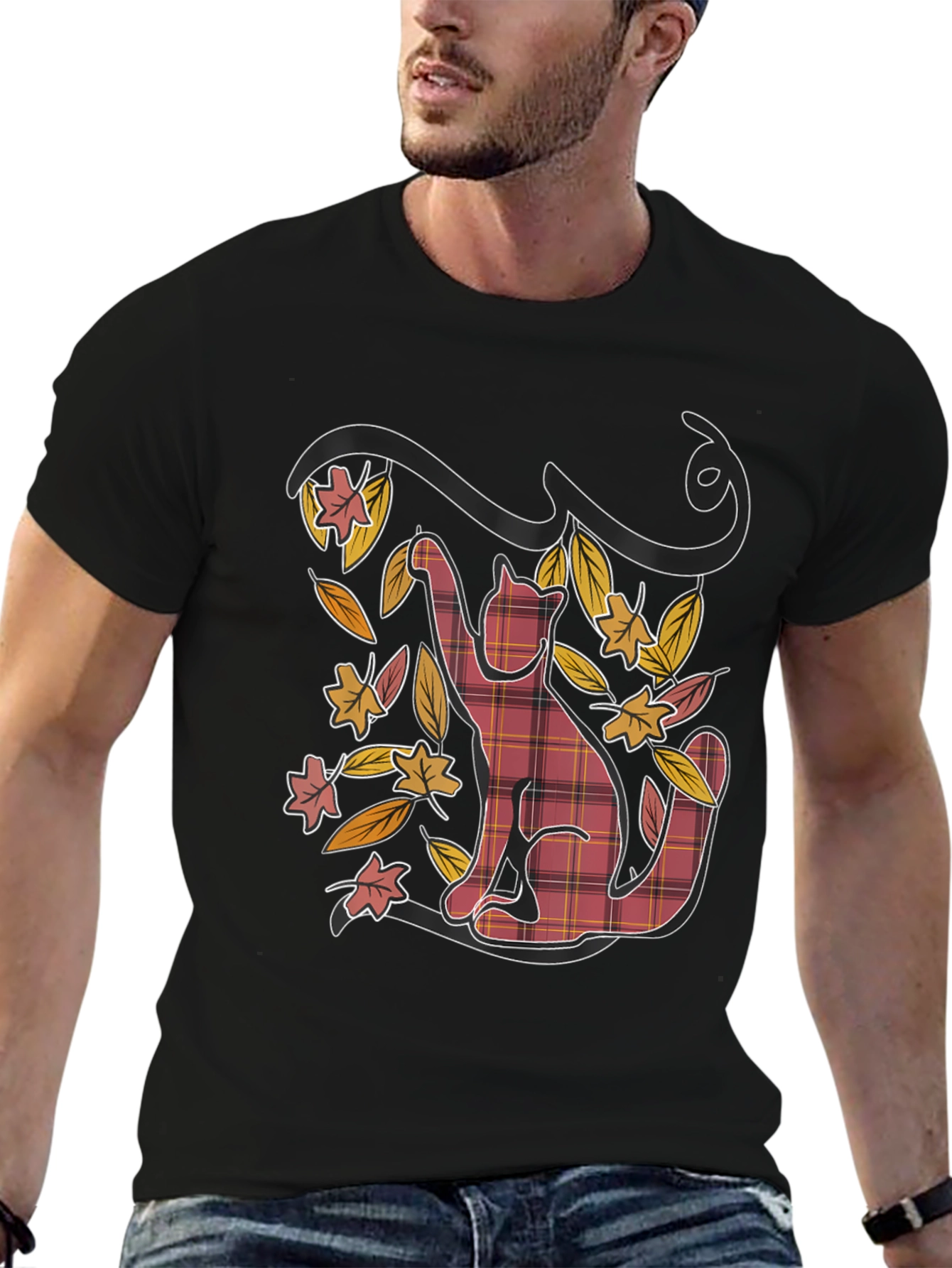 Plaid Cat Fall Leaves Black Graphic Tee