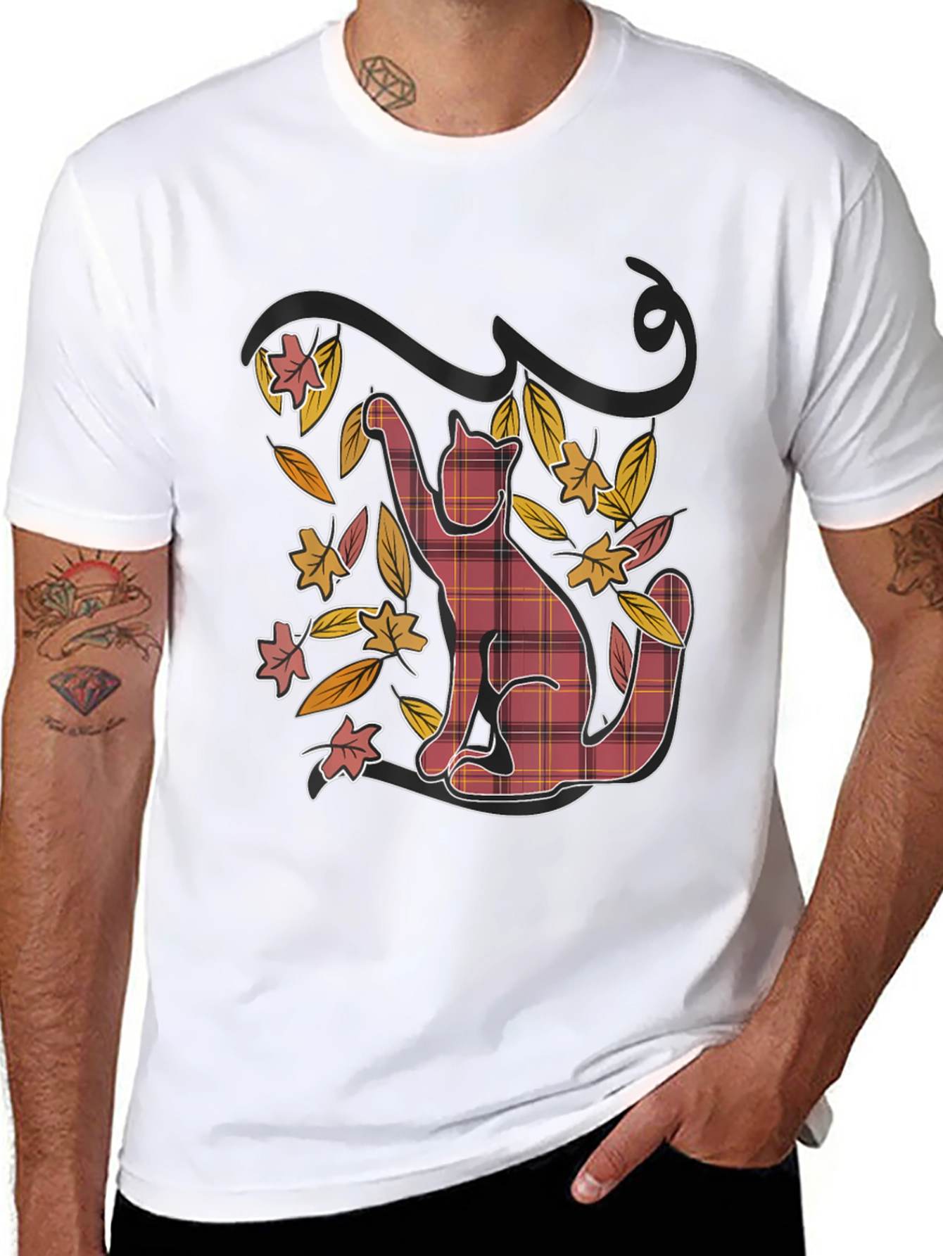 Plaid Cat Fall Leaves Black Graphic Tee