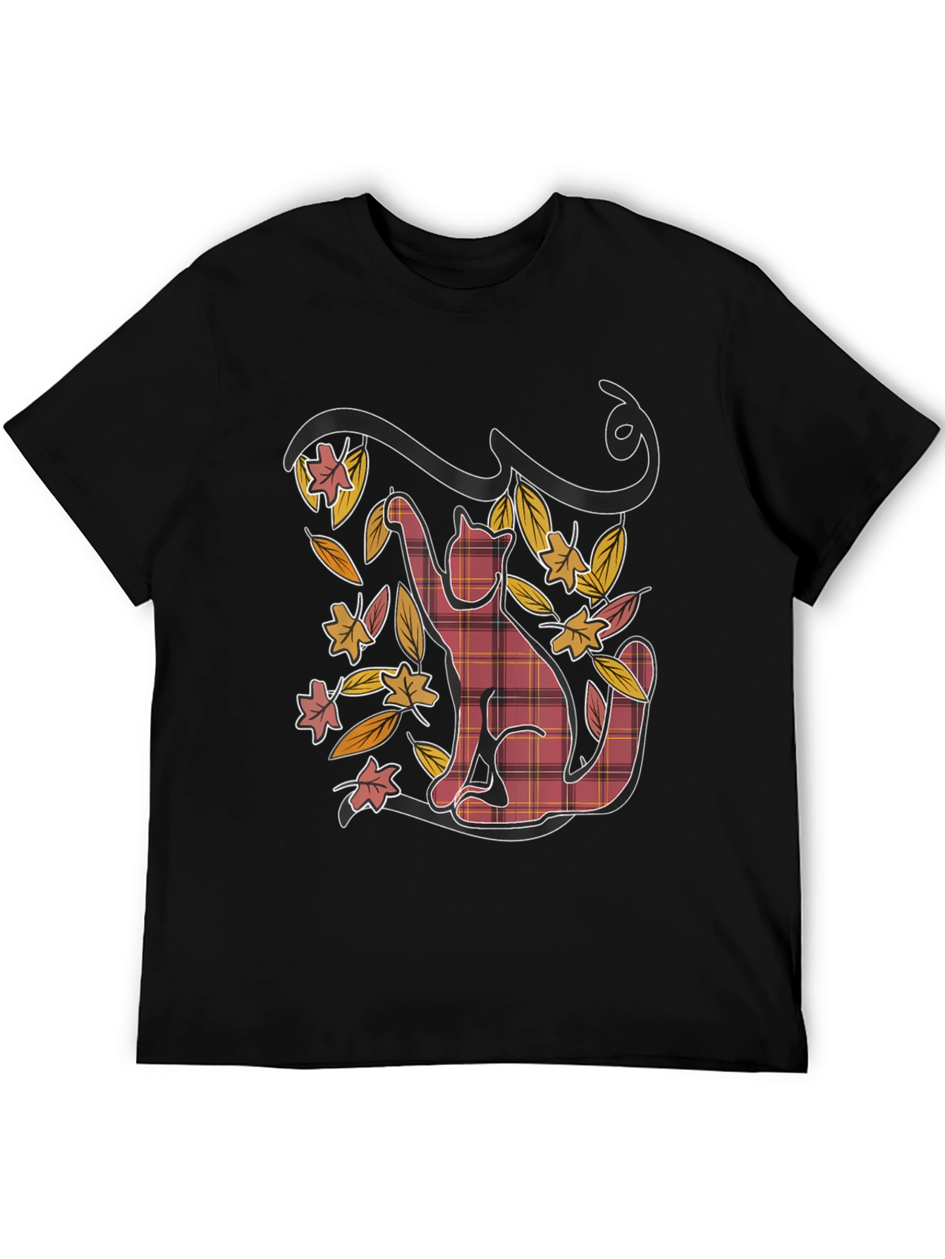 Plaid Cat Fall Leaves Black Graphic Tee