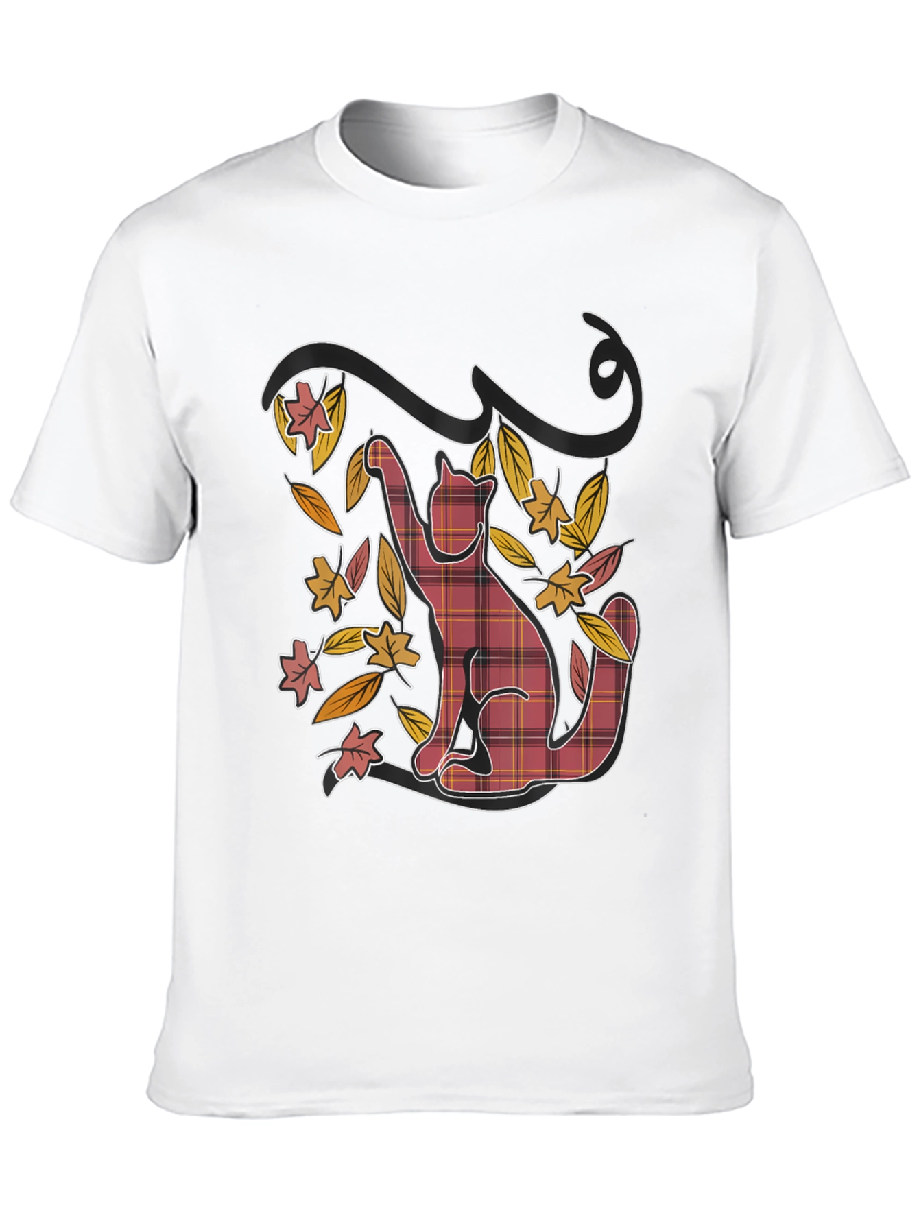 Plaid Cat Fall Leaves Black Graphic Tee