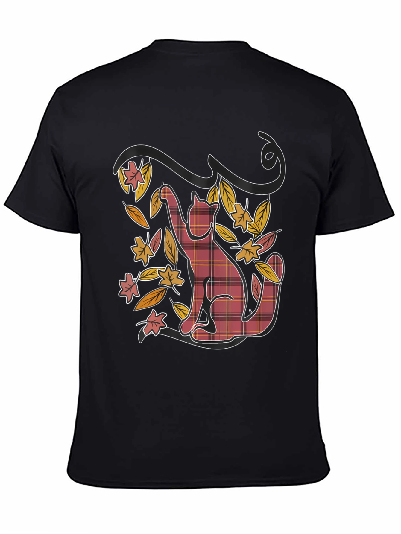 Plaid Cat Fall Leaves Black Graphic Tee