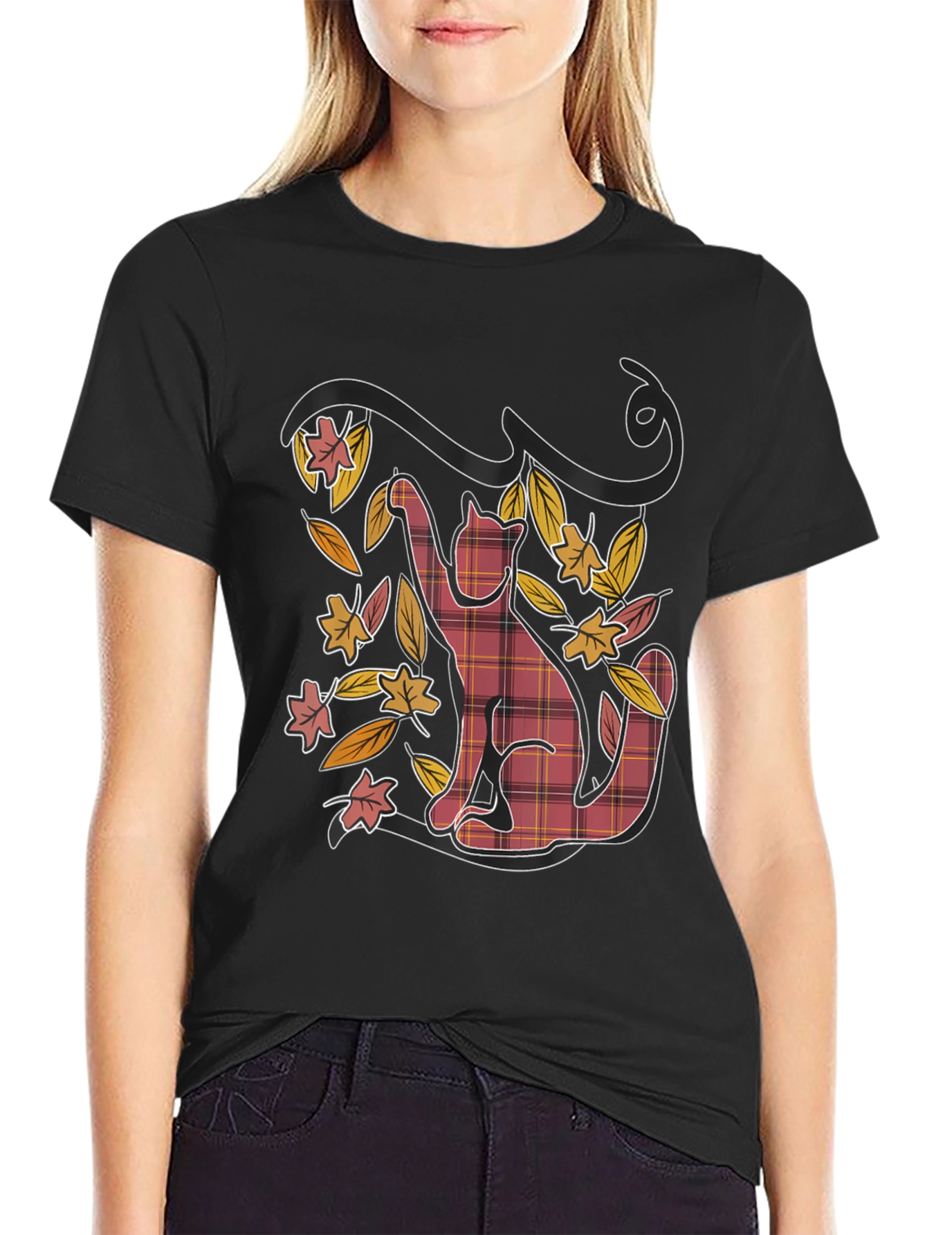 Plaid Cat Fall Leaves Black Graphic Tee