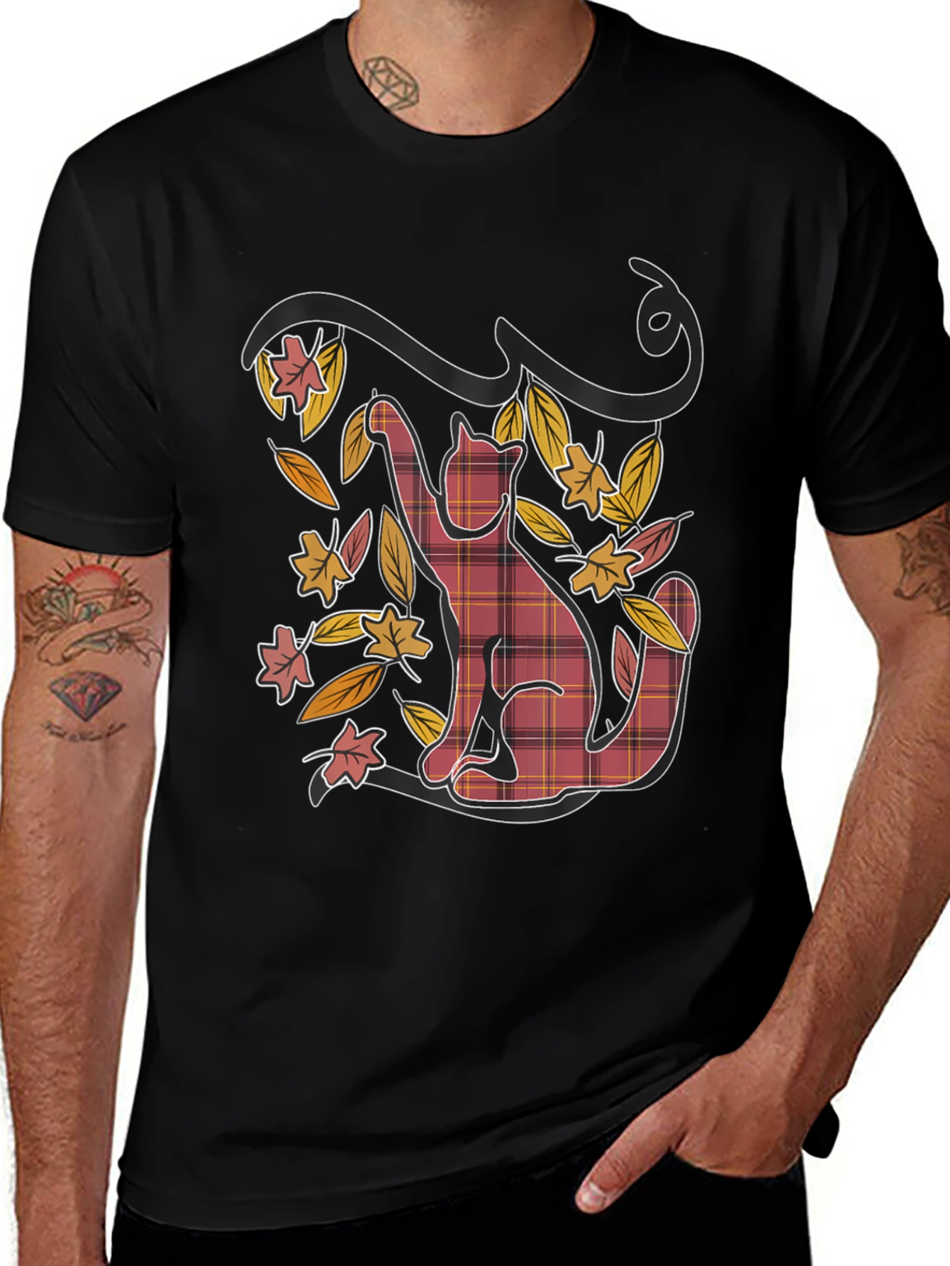Plaid Cat Fall Leaves Black Graphic Tee
