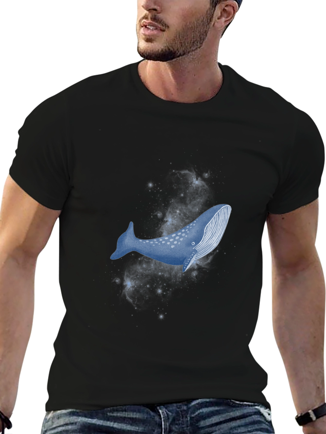 Cosmic Whale Graphic Tee - Black Cotton T-Shirt