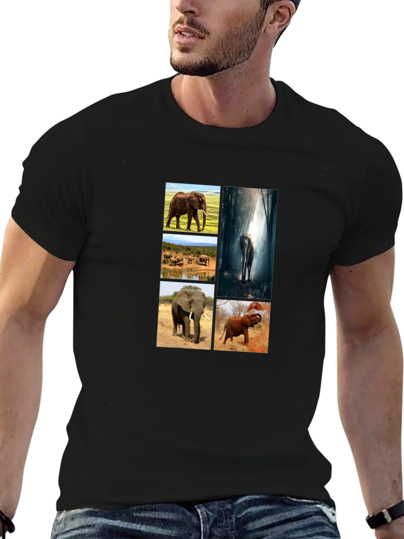 Elephant Collage Print Black T-Shirt