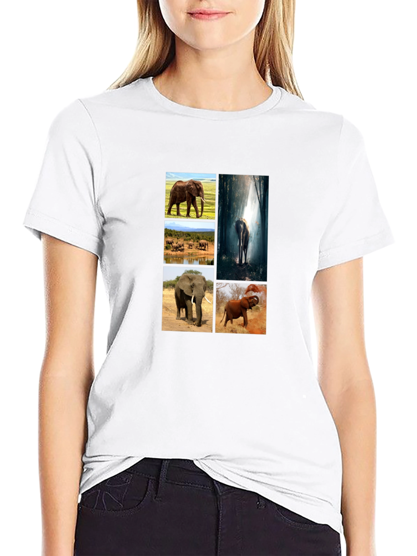 Elephant Collage Print Black T-Shirt