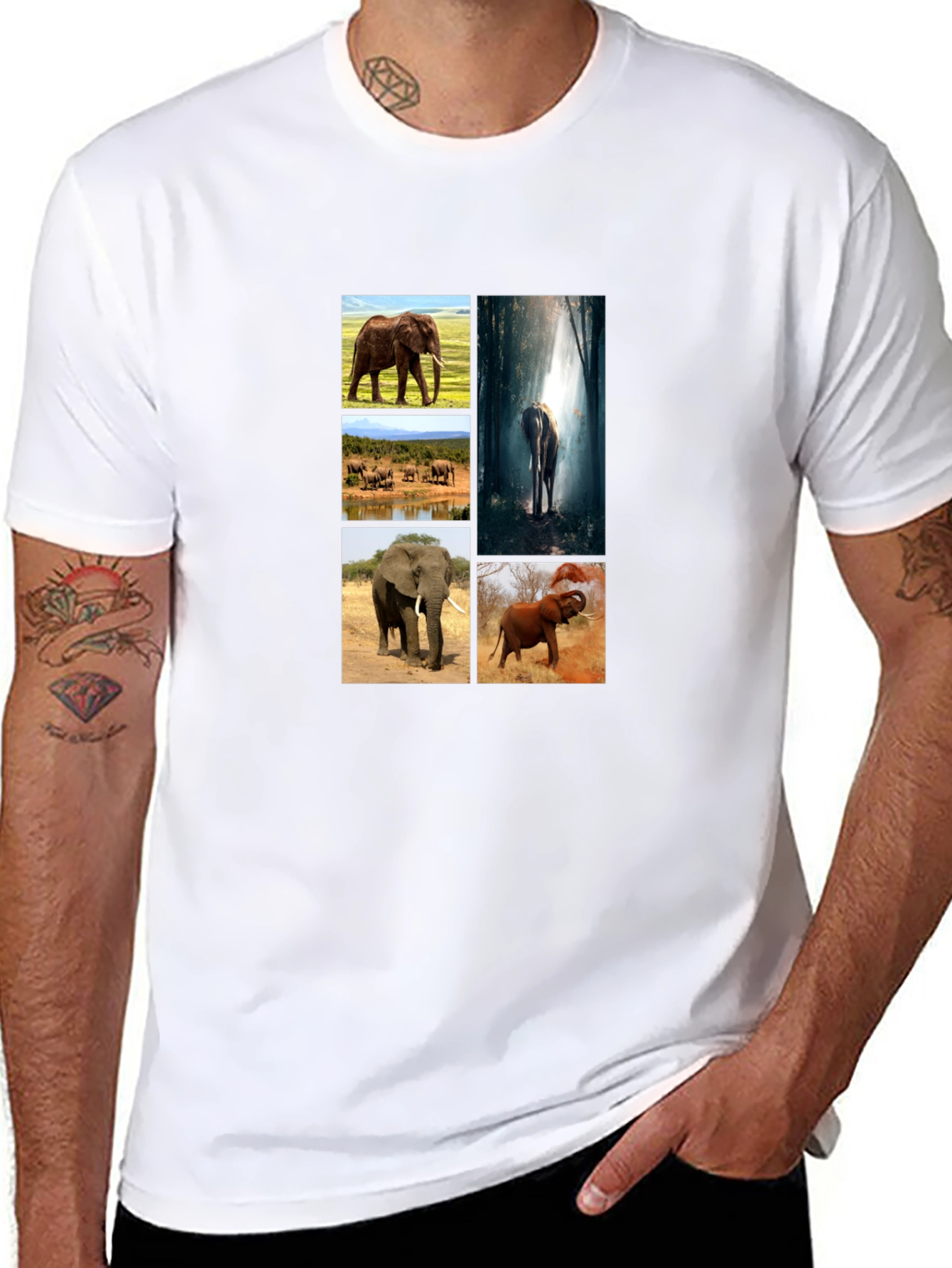 Elephant Collage Print Black T-Shirt