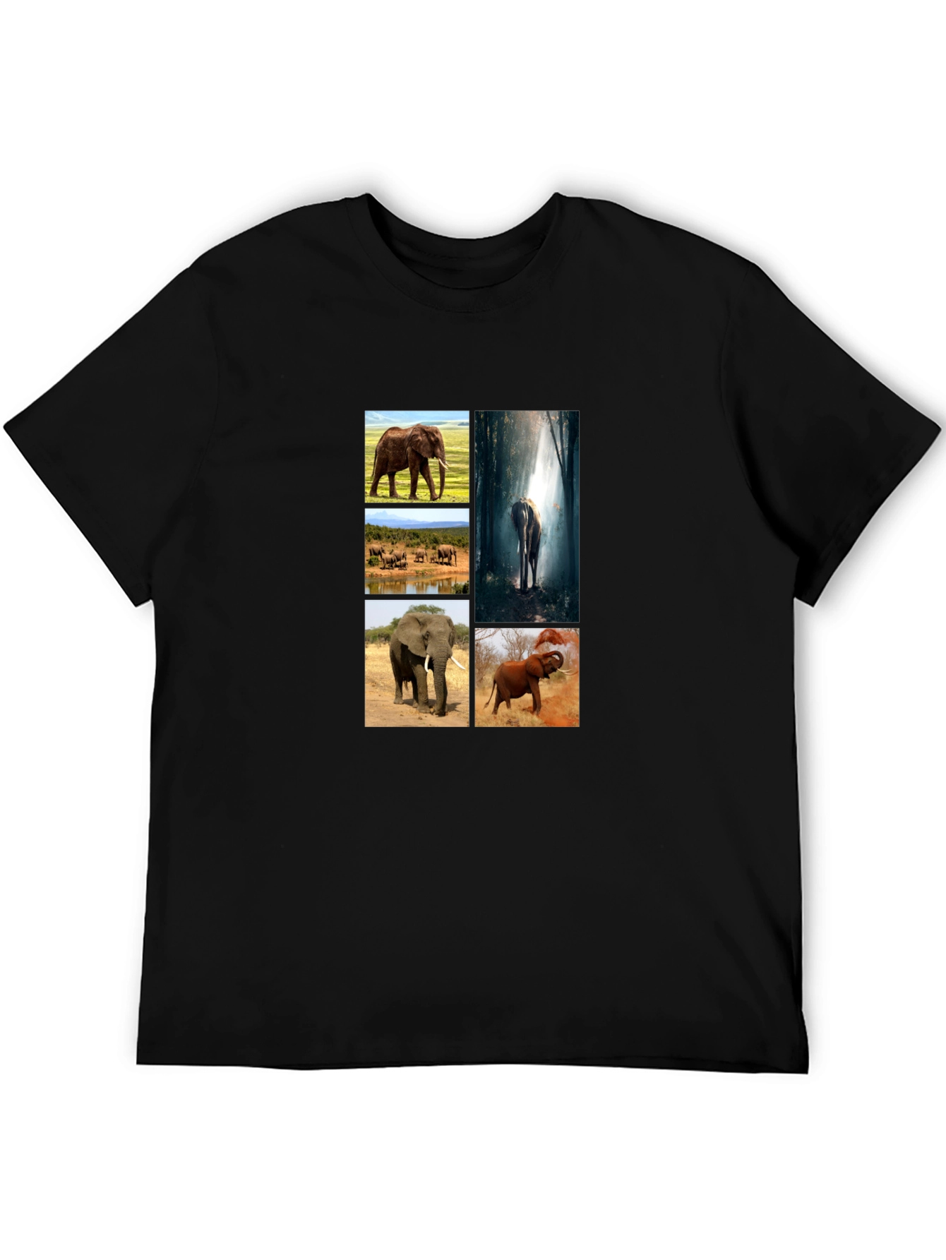 Elephant Collage Print Black T-Shirt