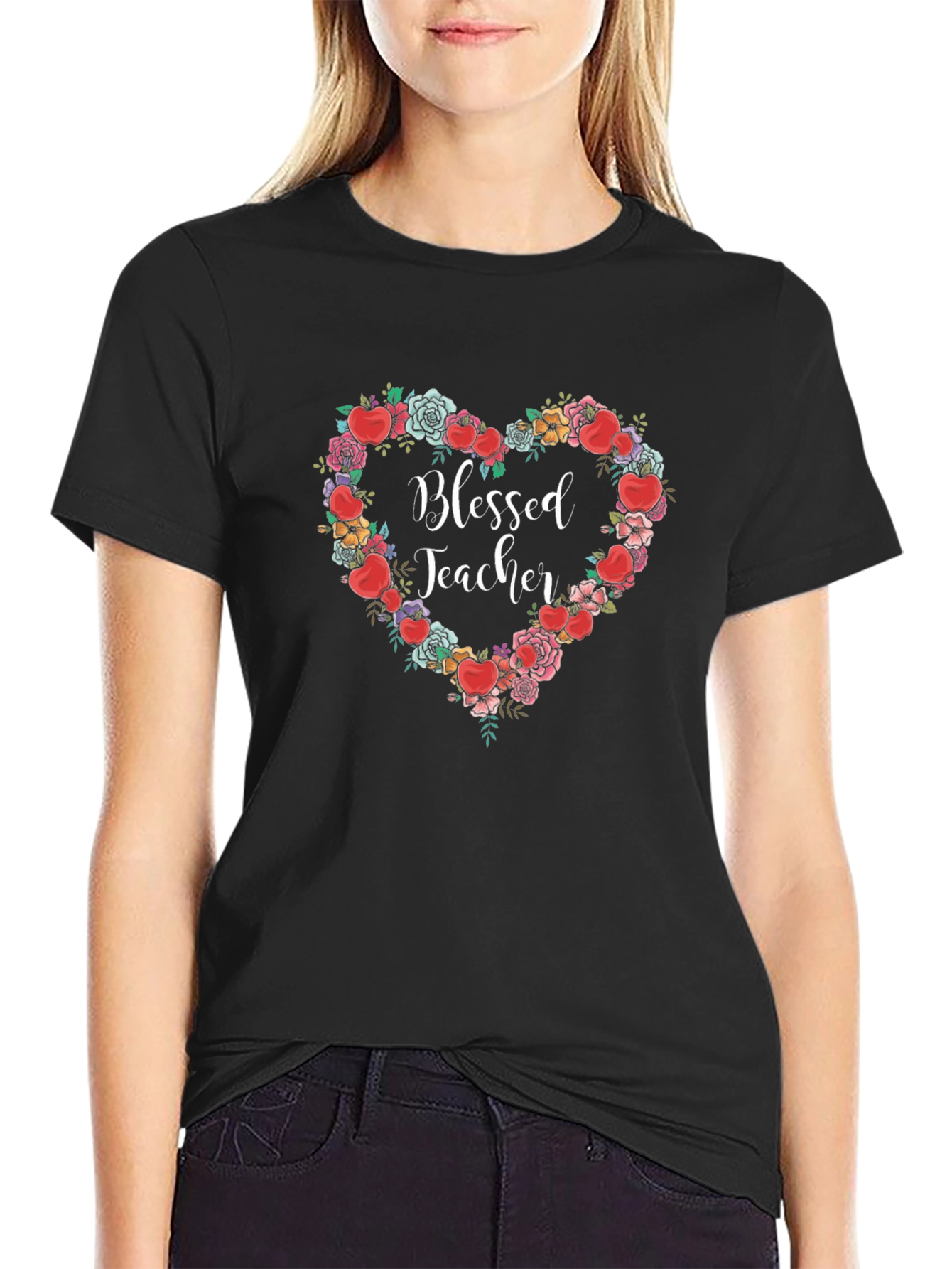 Blessed Teacher Floral Heart T-Shirt