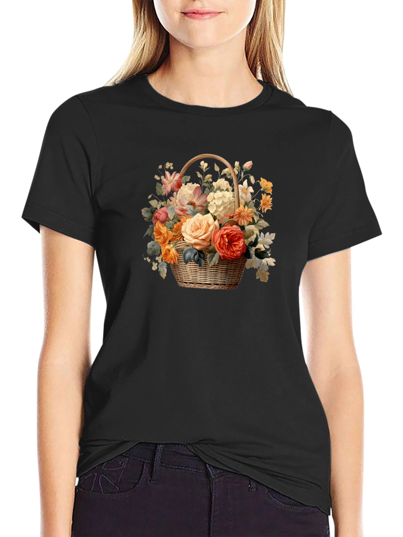 Floral Basket Graphic Tee - Black Unisex T-Shirt