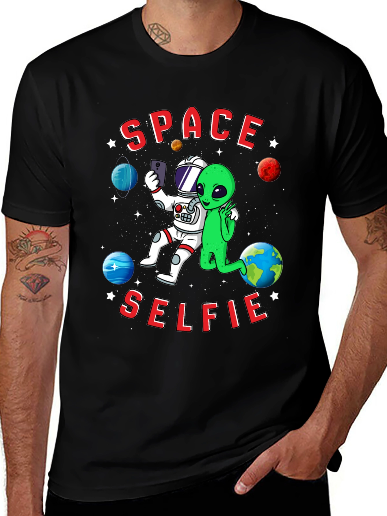 Space Selfie T-Shirt - Astronaut & Alien Graphic Tee