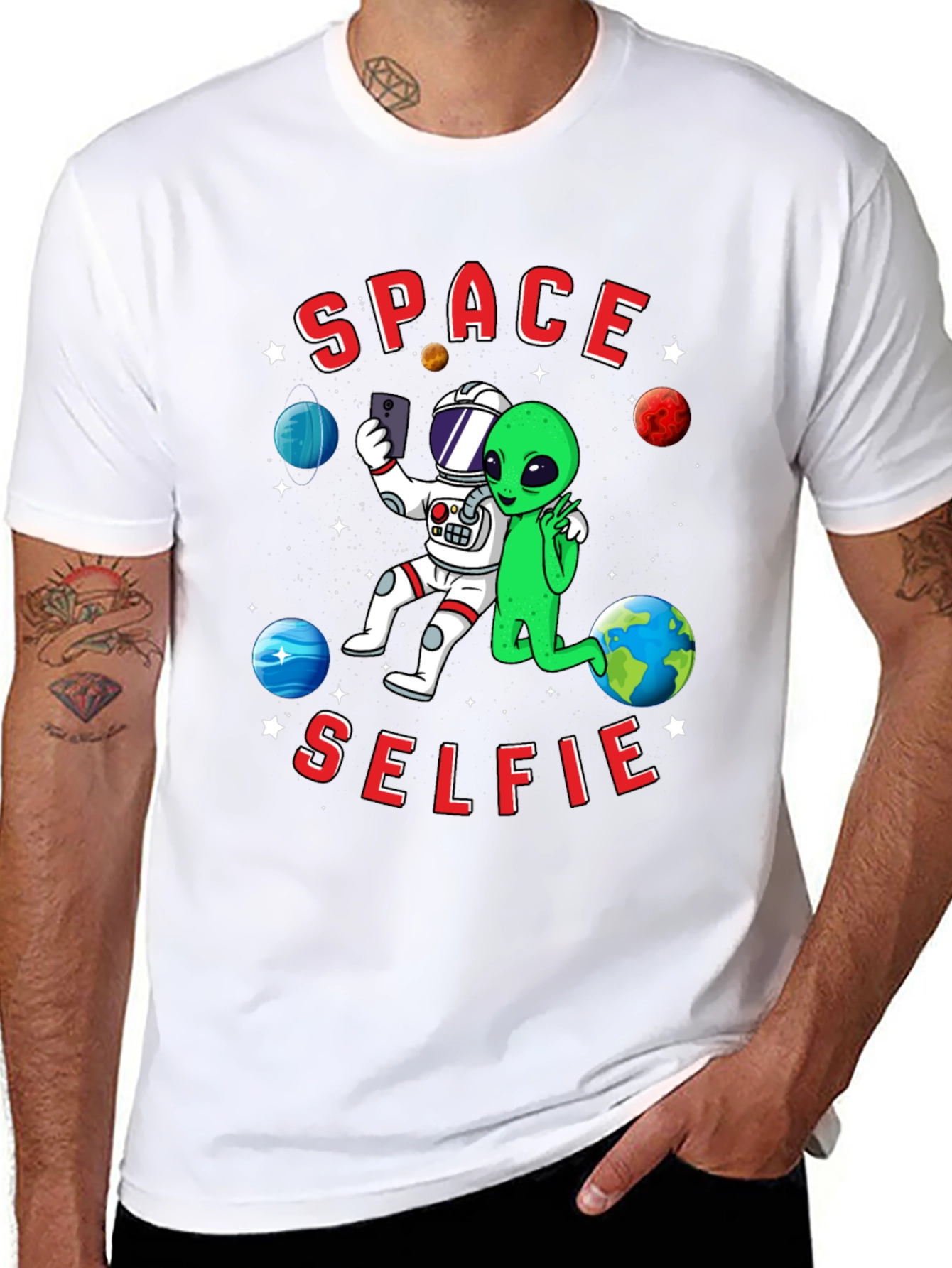 Space Selfie T-Shirt - Astronaut & Alien Graphic Tee