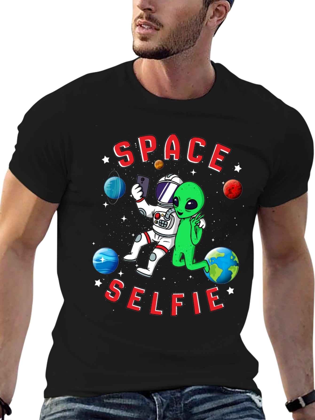 Space Selfie T-Shirt - Astronaut & Alien Graphic Tee