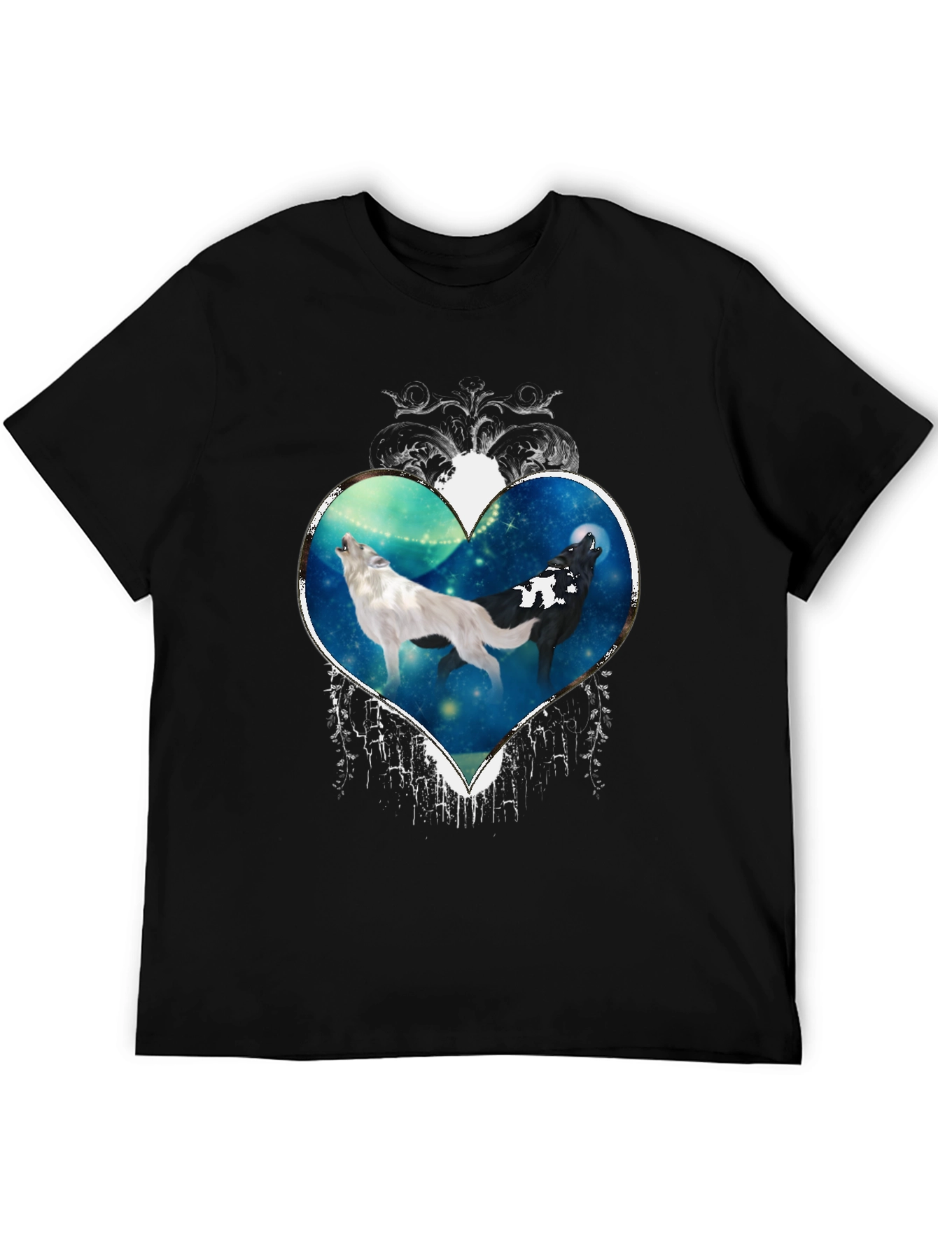 Wolf Howl Heart Graphic Tee - Black Cotton Blend