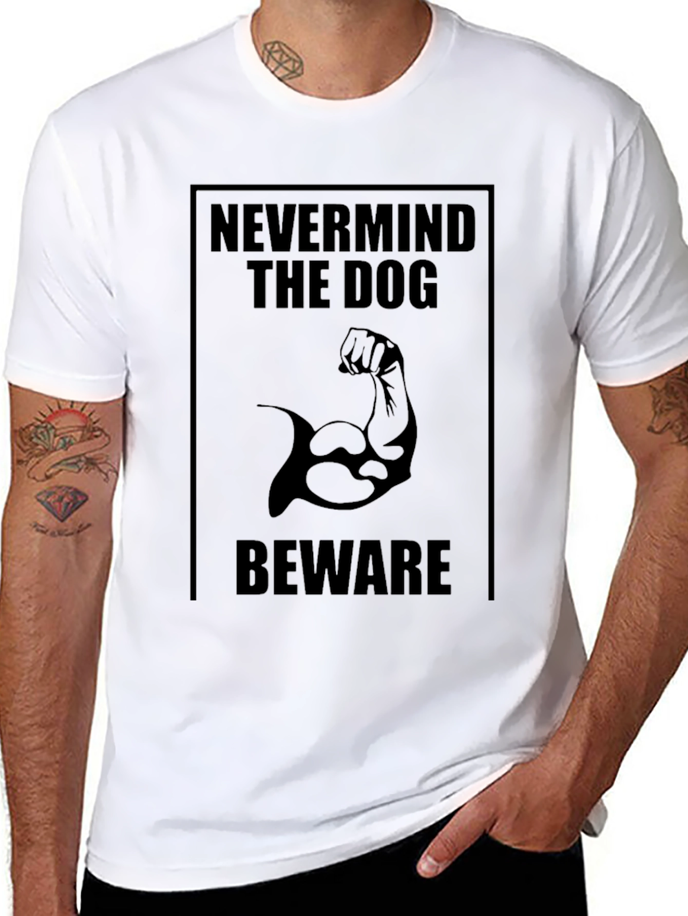 Nevermind The Dog Beware T-Shirt – Funny Muscle Dog Graphic Tee