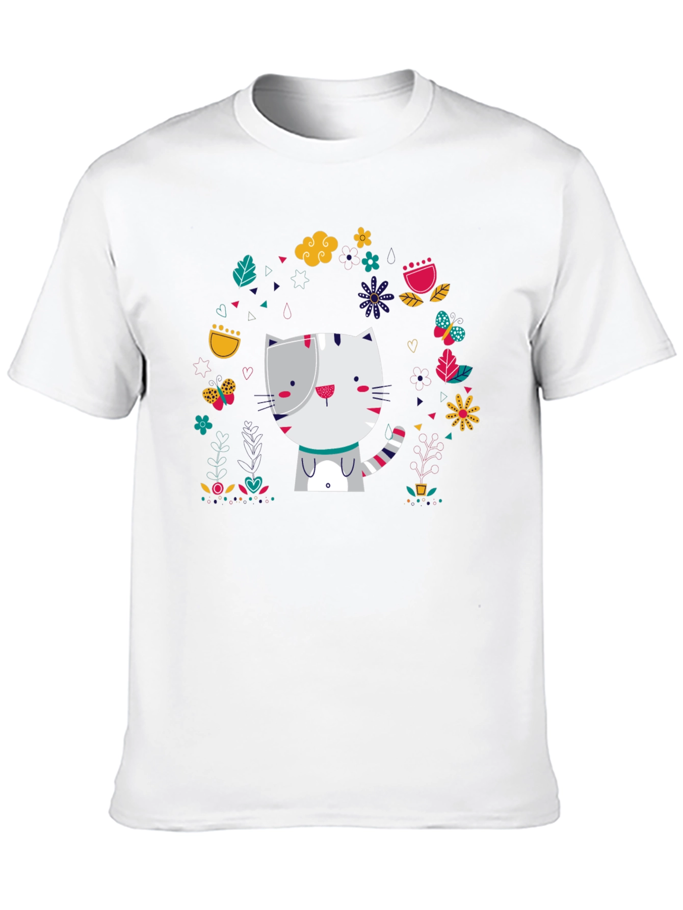 Cute Cat Floral Design Black T-Shirt