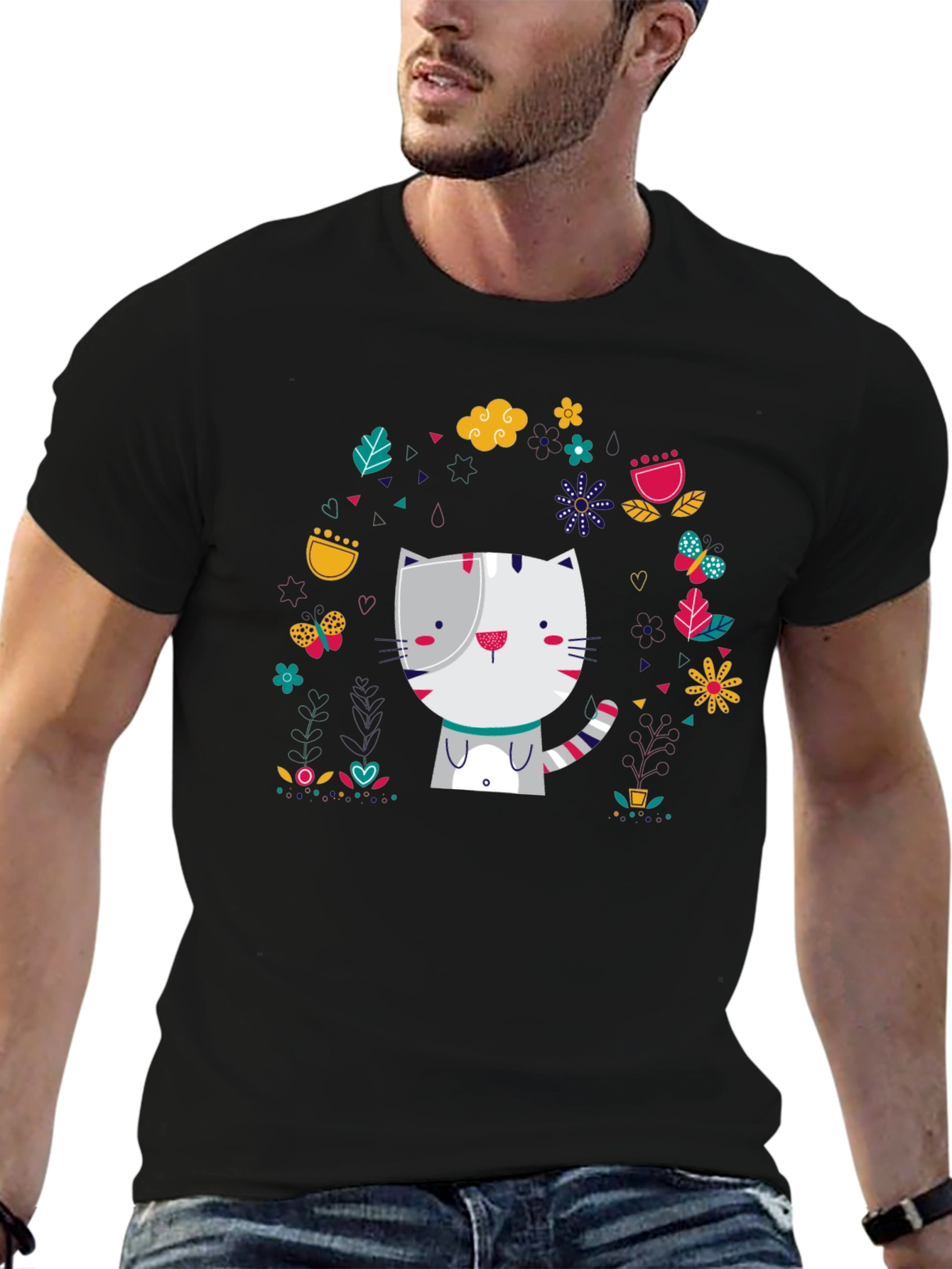 Cute Cat Floral Design Black T-Shirt