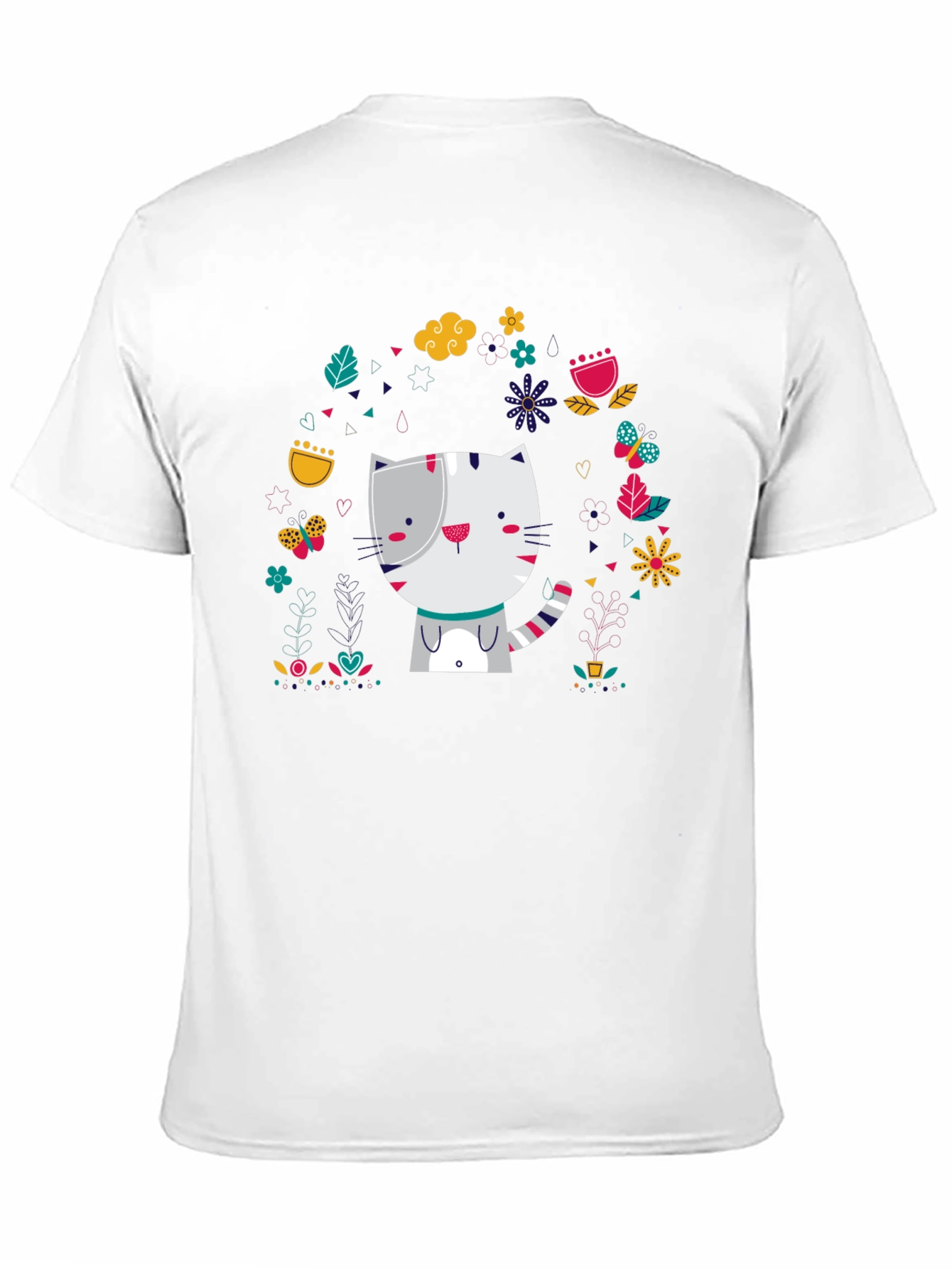 Cute Cat Floral Design Black T-Shirt