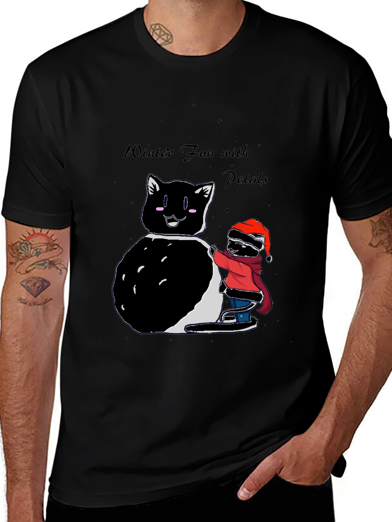 Winter Fun T-Shirt: Cat & Kid Building Snowman