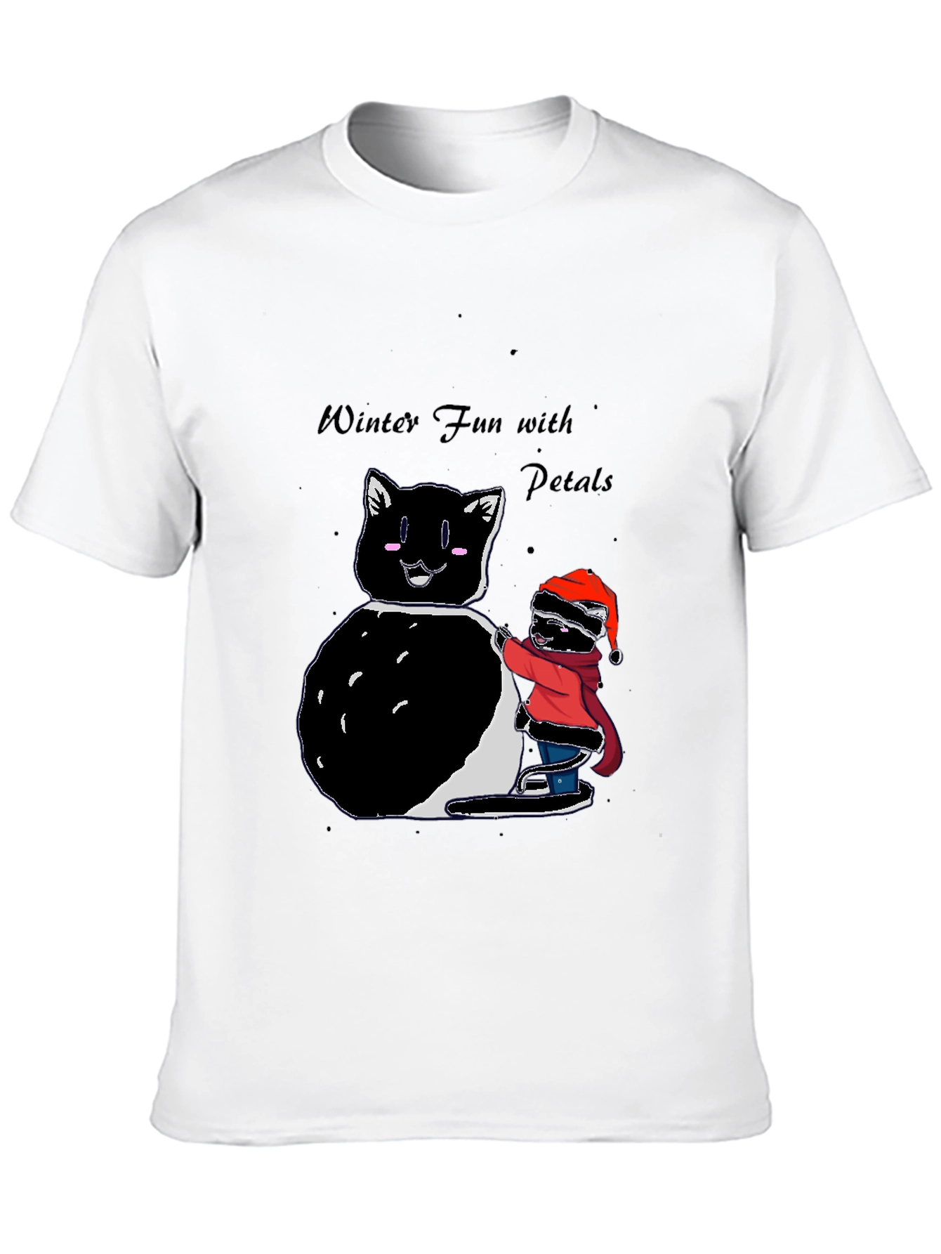 Winter Fun T-Shirt: Cat & Kid Building Snowman