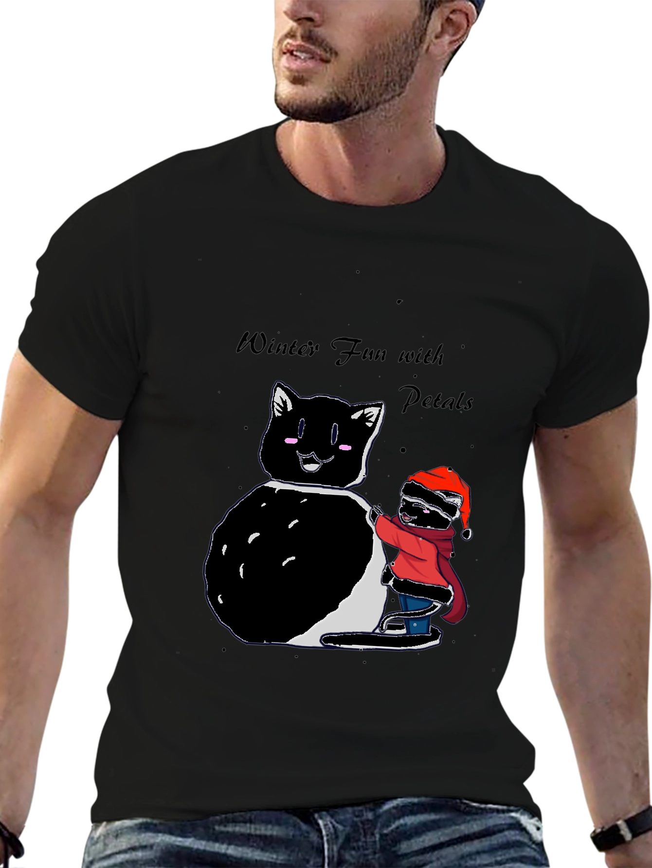 Winter Fun T-Shirt: Cat & Kid Building Snowman