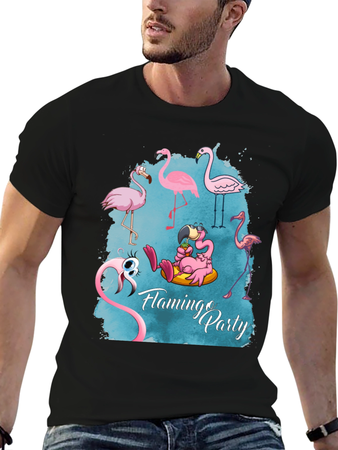 Flamingo Party Graphic Tee - Mens Black T-Shirt