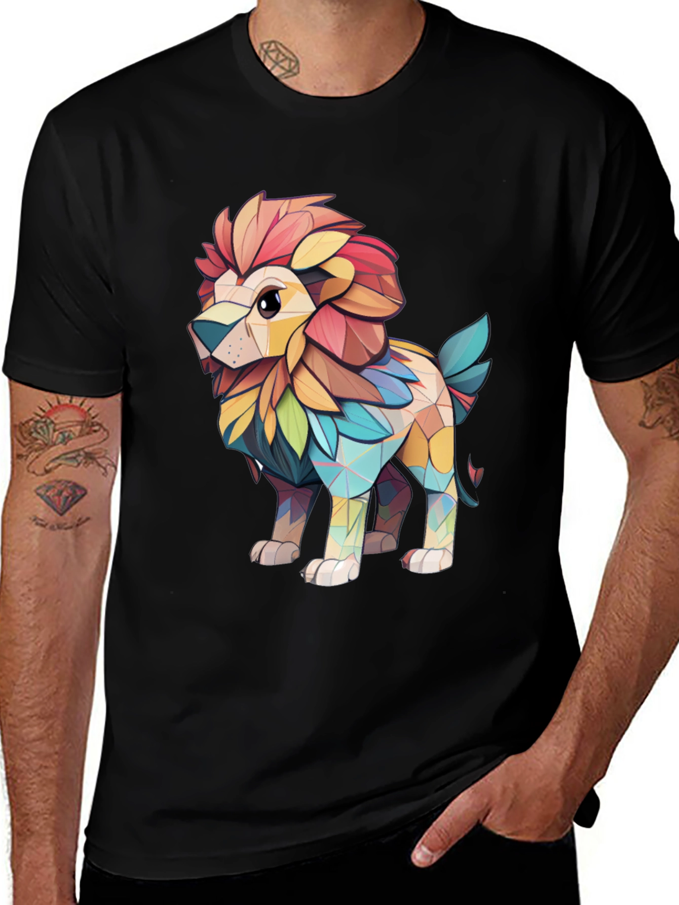 Lion Geometric Art Black T-Shirt